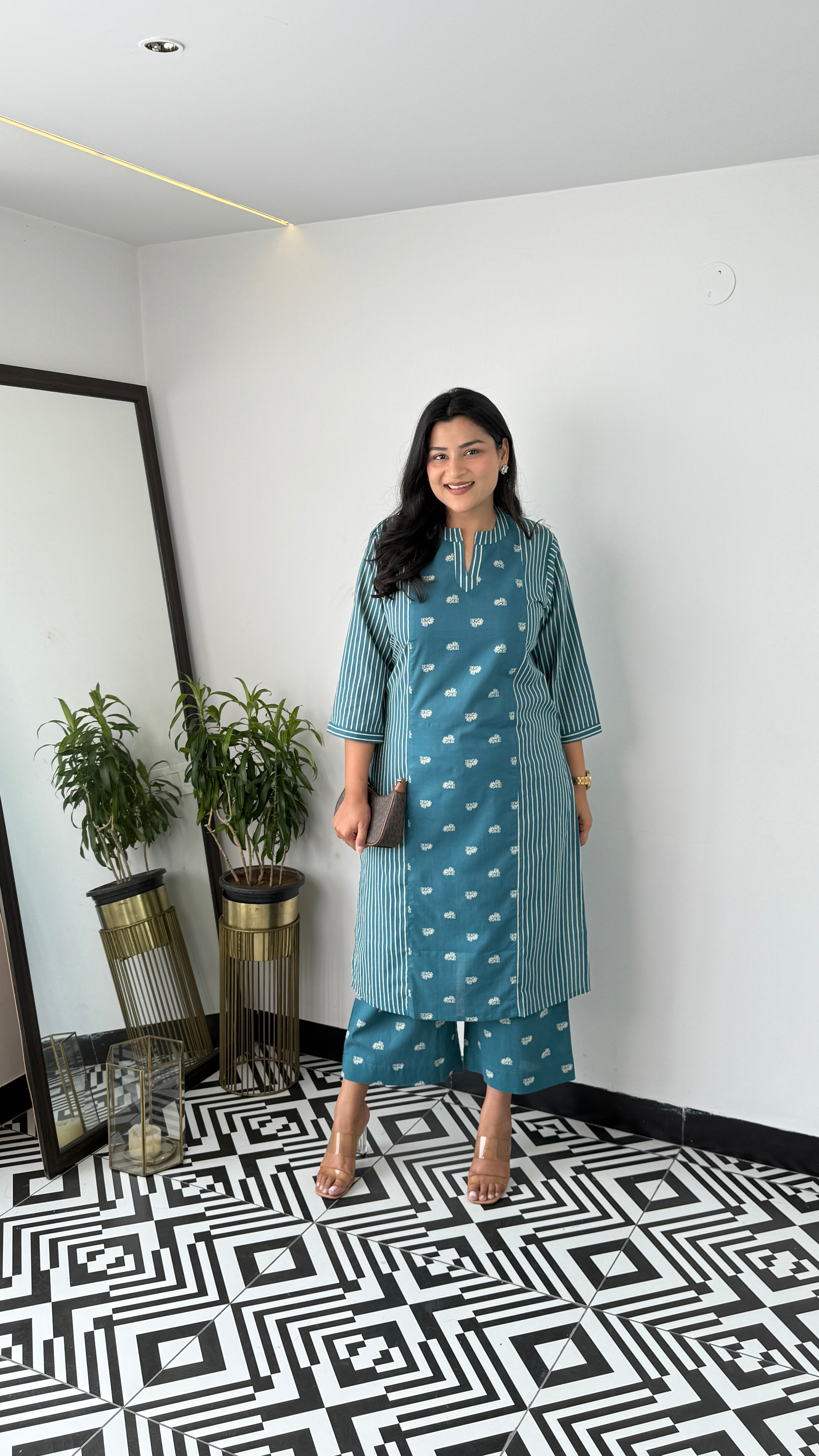 Stripe and Solid Teal Blue Kurta Pants