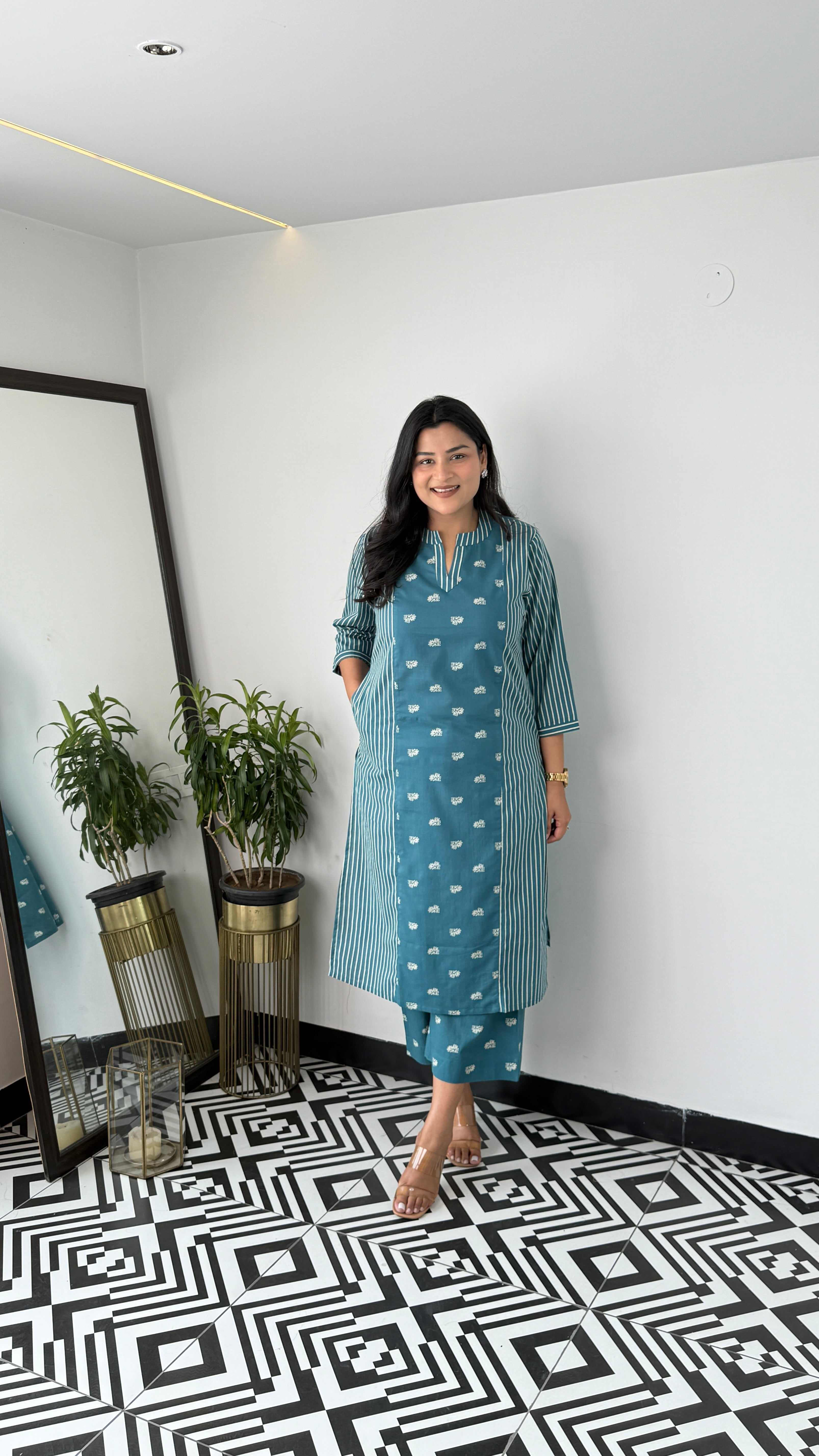 Stripe and Solid Teal Blue Kurta Pants
