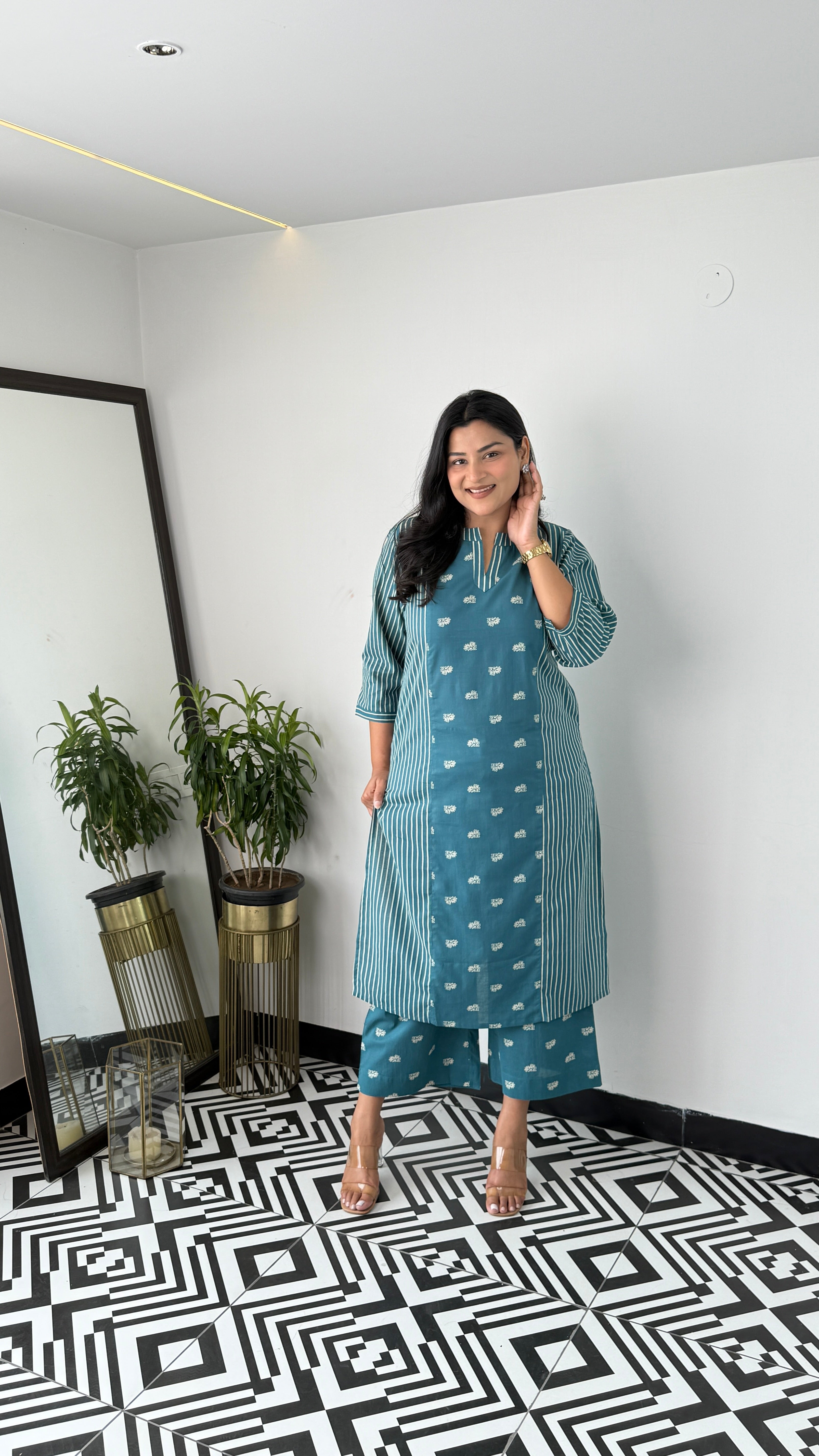Stripe and Solid Teal Blue Kurta Pants