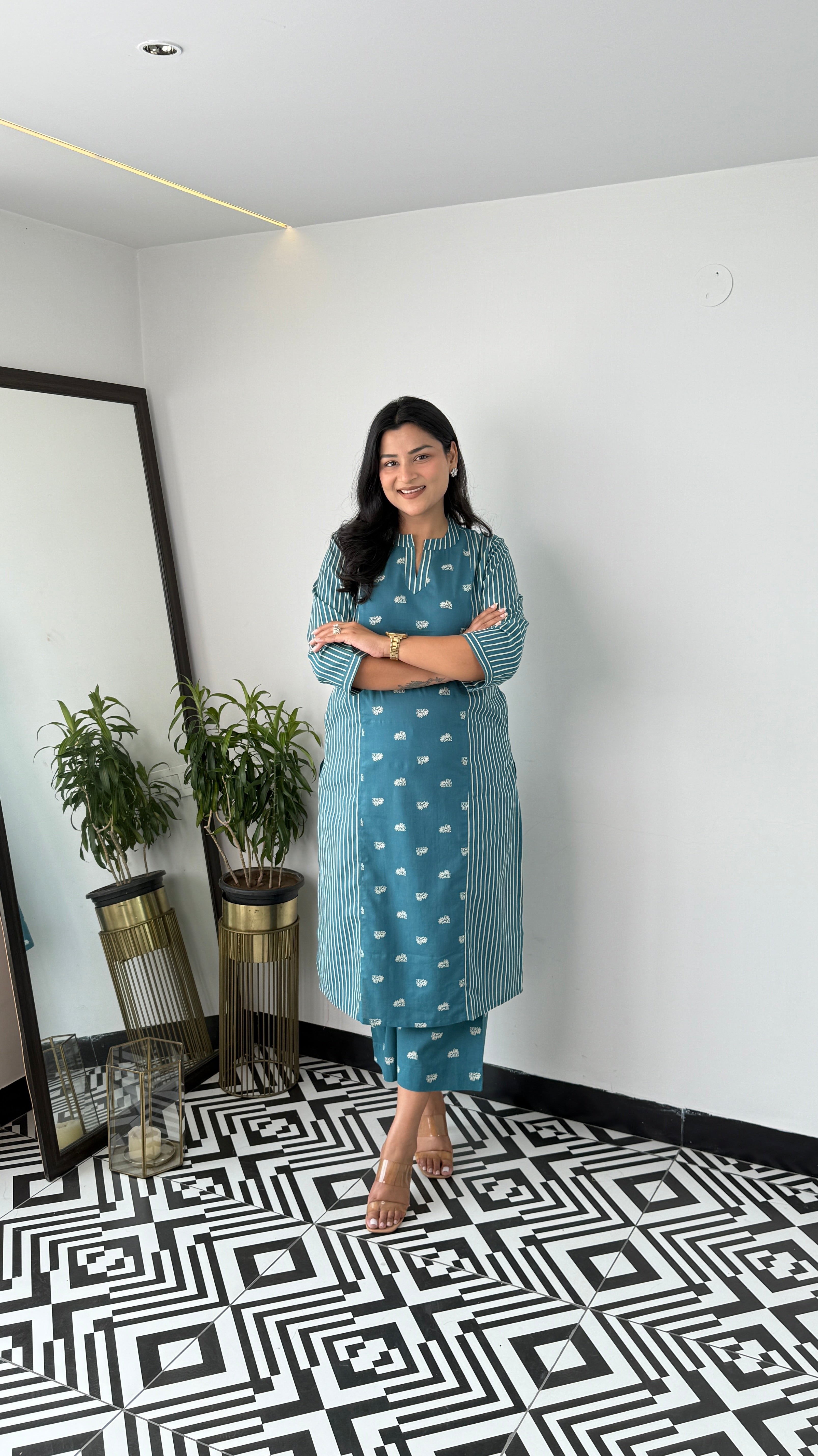 Stripe and Solid Teal Blue Kurta Pants
