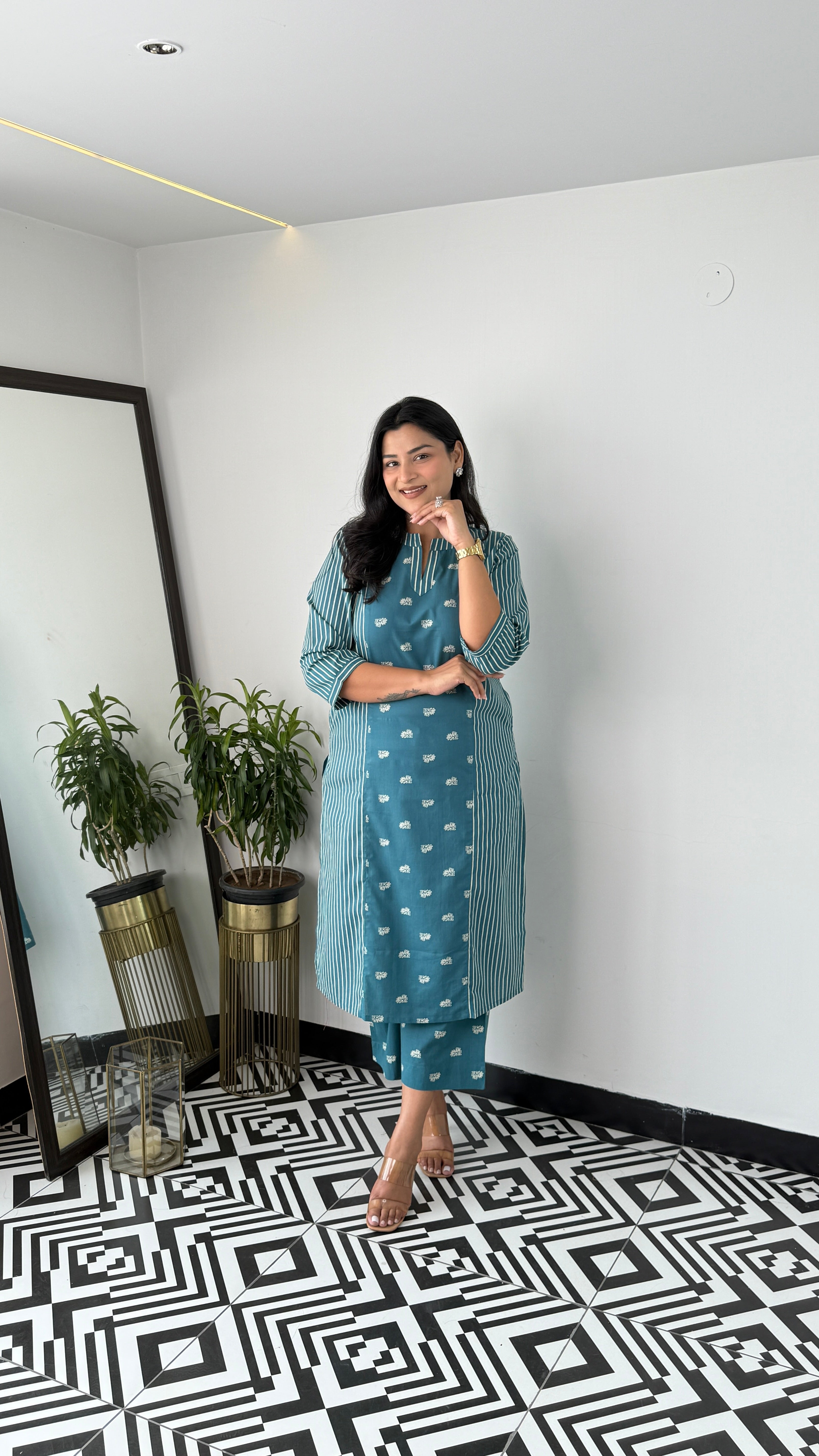 Stripe and Solid Teal Blue Kurta Pants