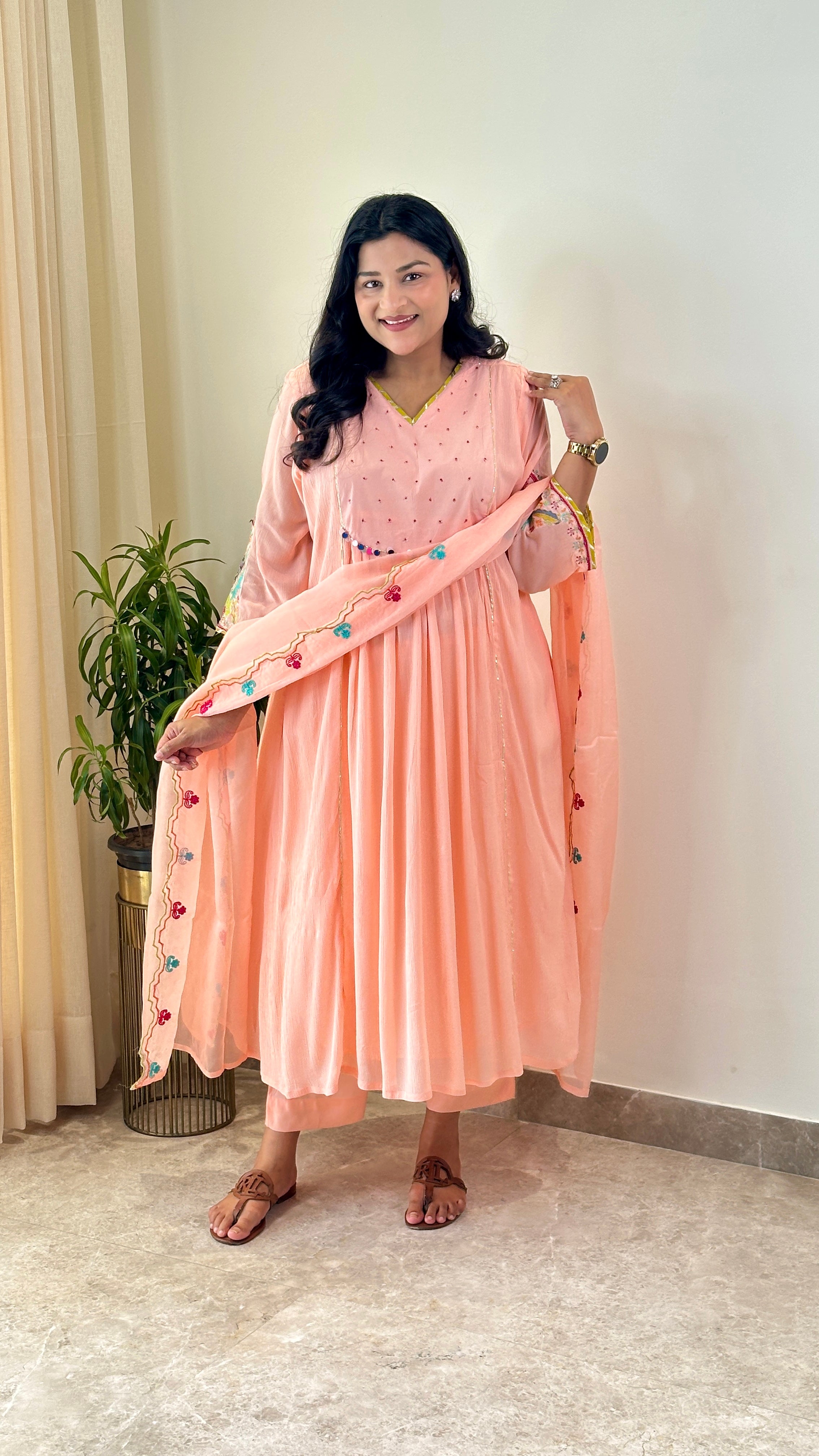 Peach Mul Chanderi Suit Set