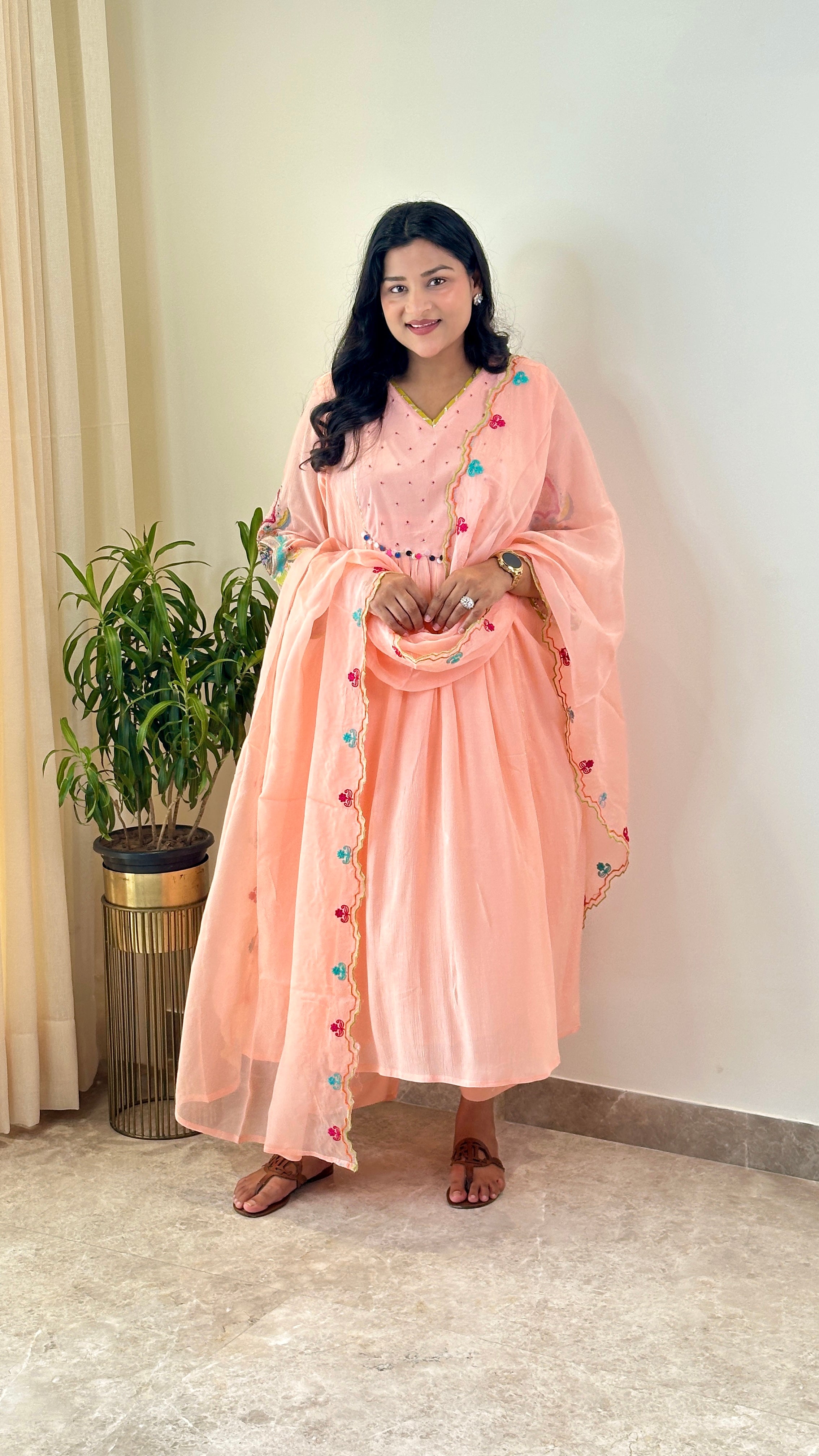 Peach Mul Chanderi Suit Set