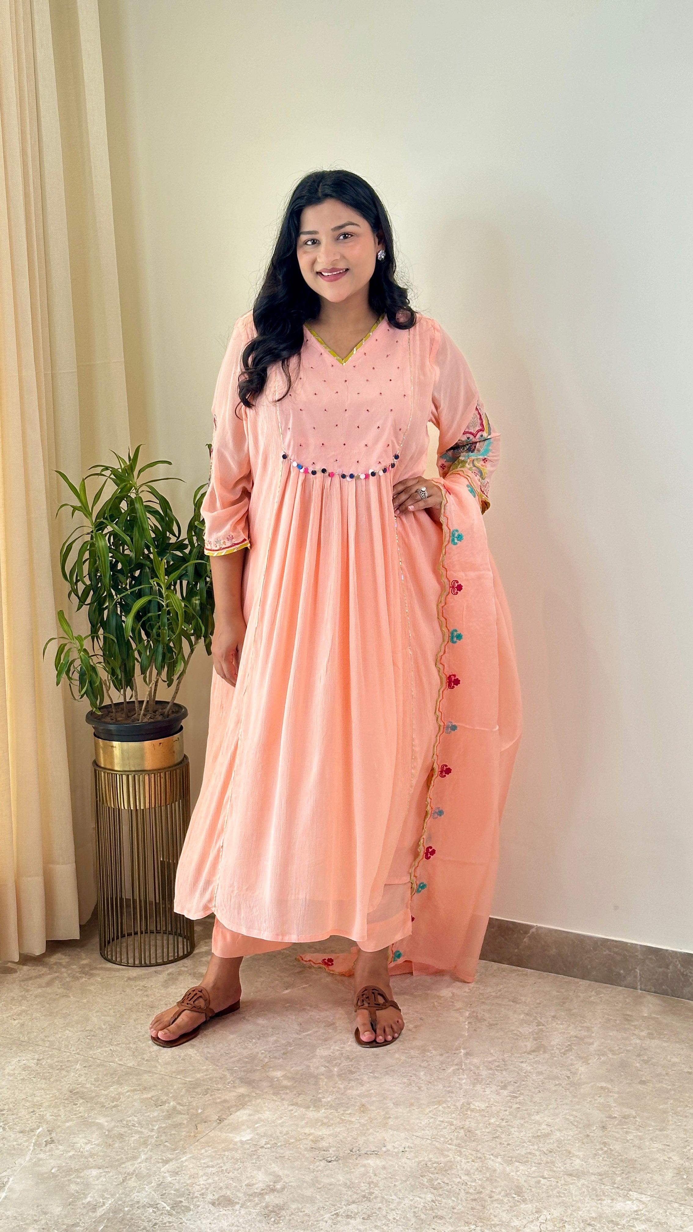 Peach Mul Chanderi Suit Set