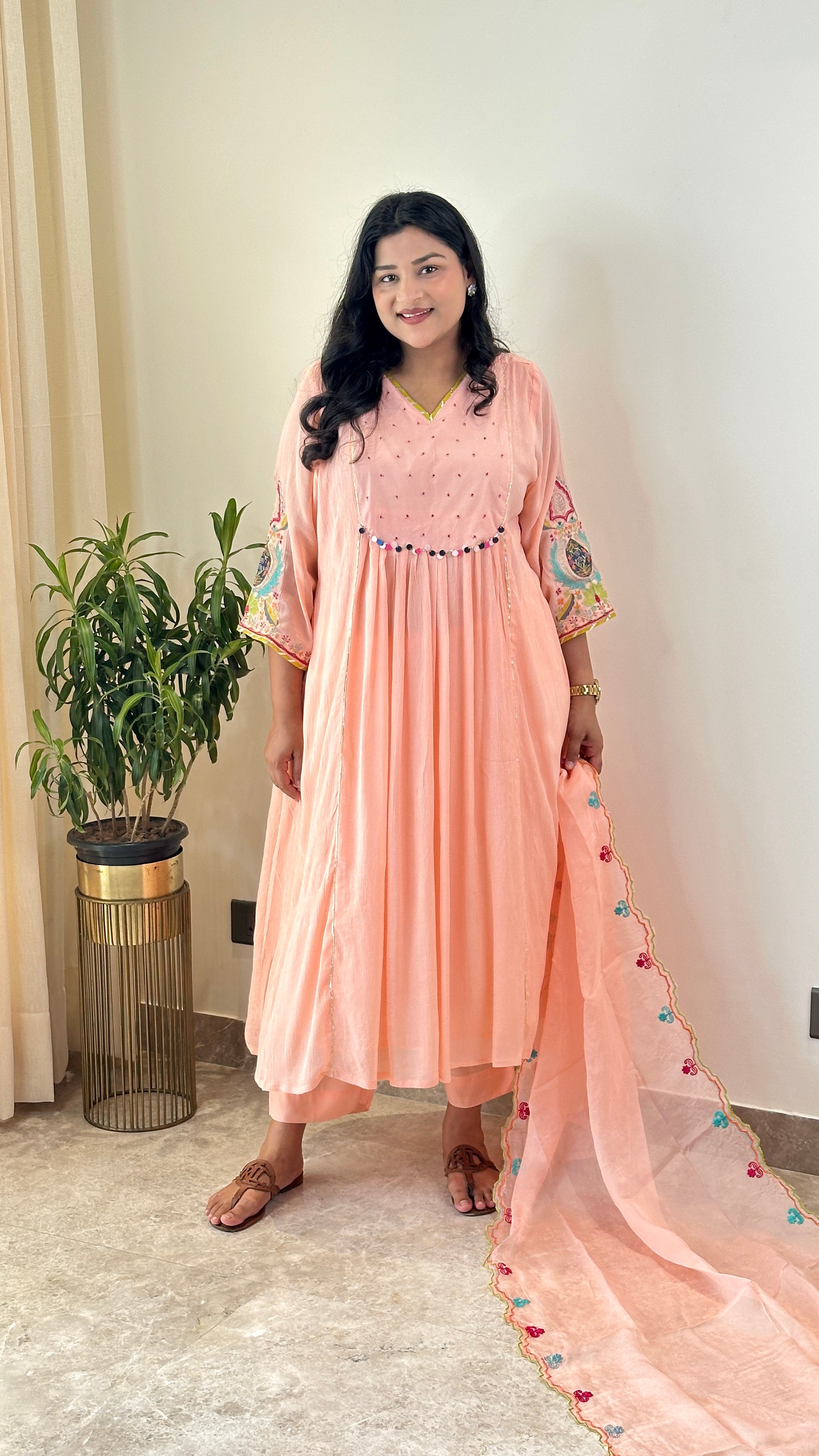 Peach Mul Chanderi Suit Set