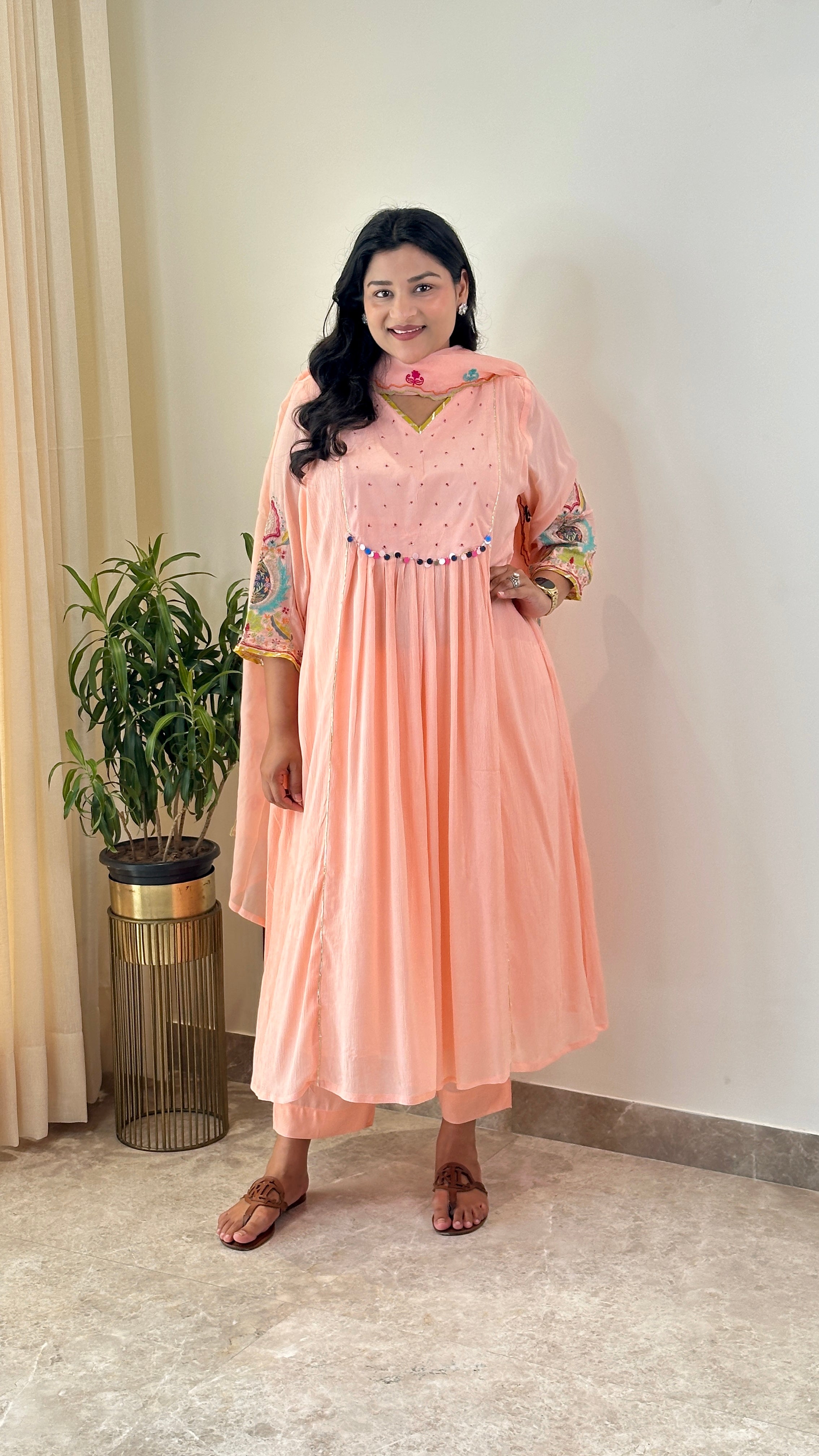 Peach Mul Chanderi Suit Set