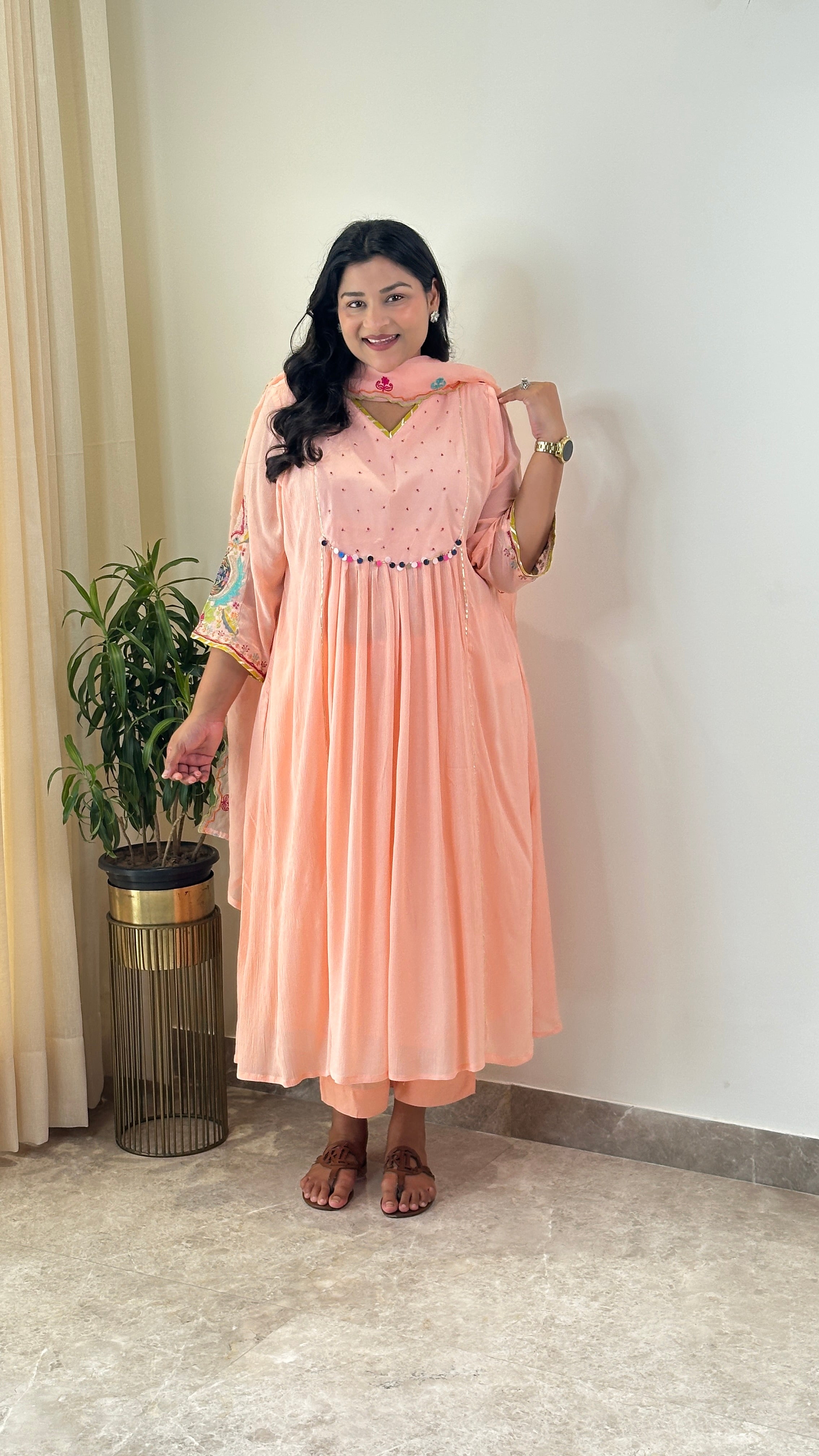 Peach Mul Chanderi Suit Set