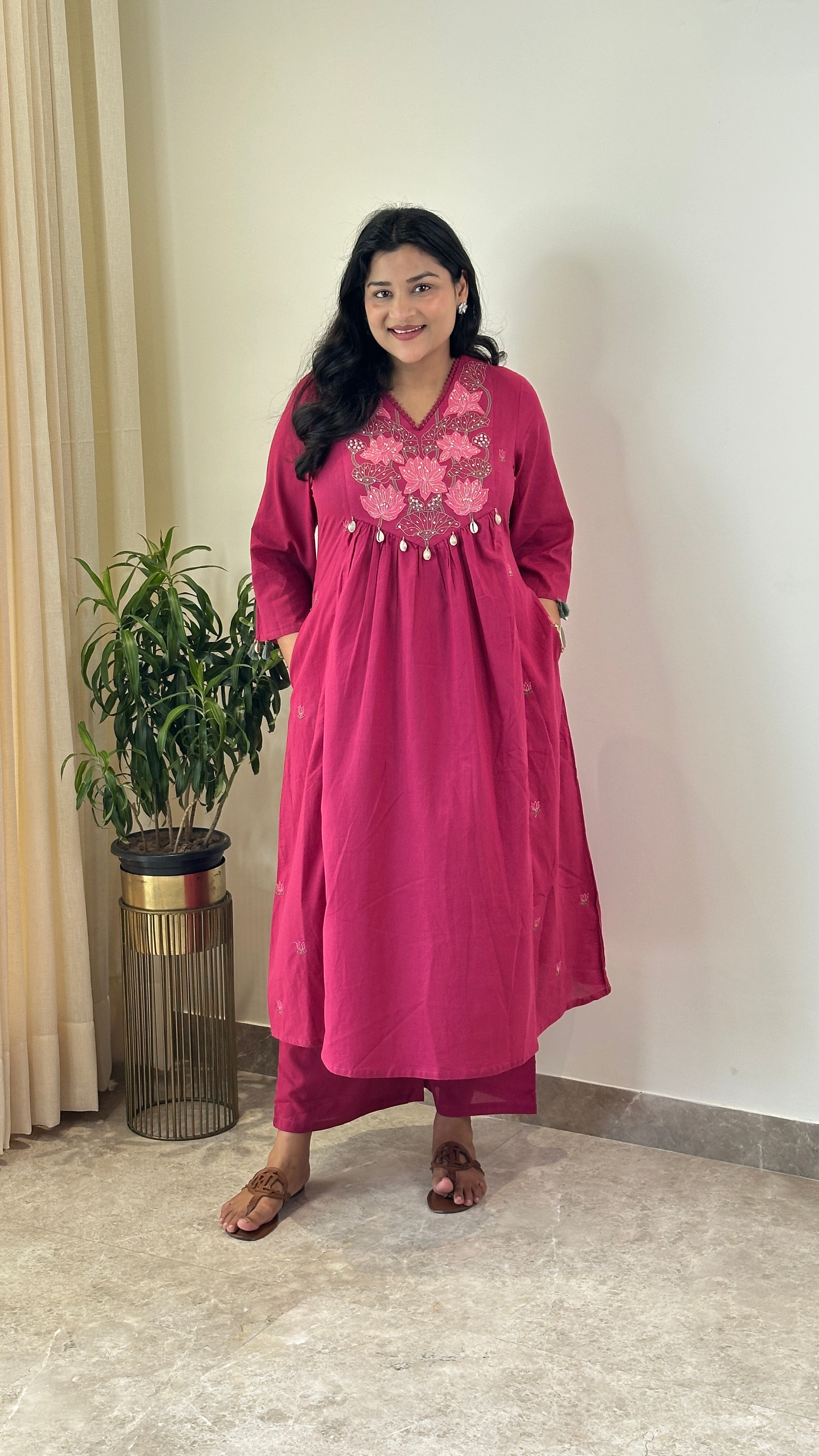 Lotus Motif Pink Kurta Set