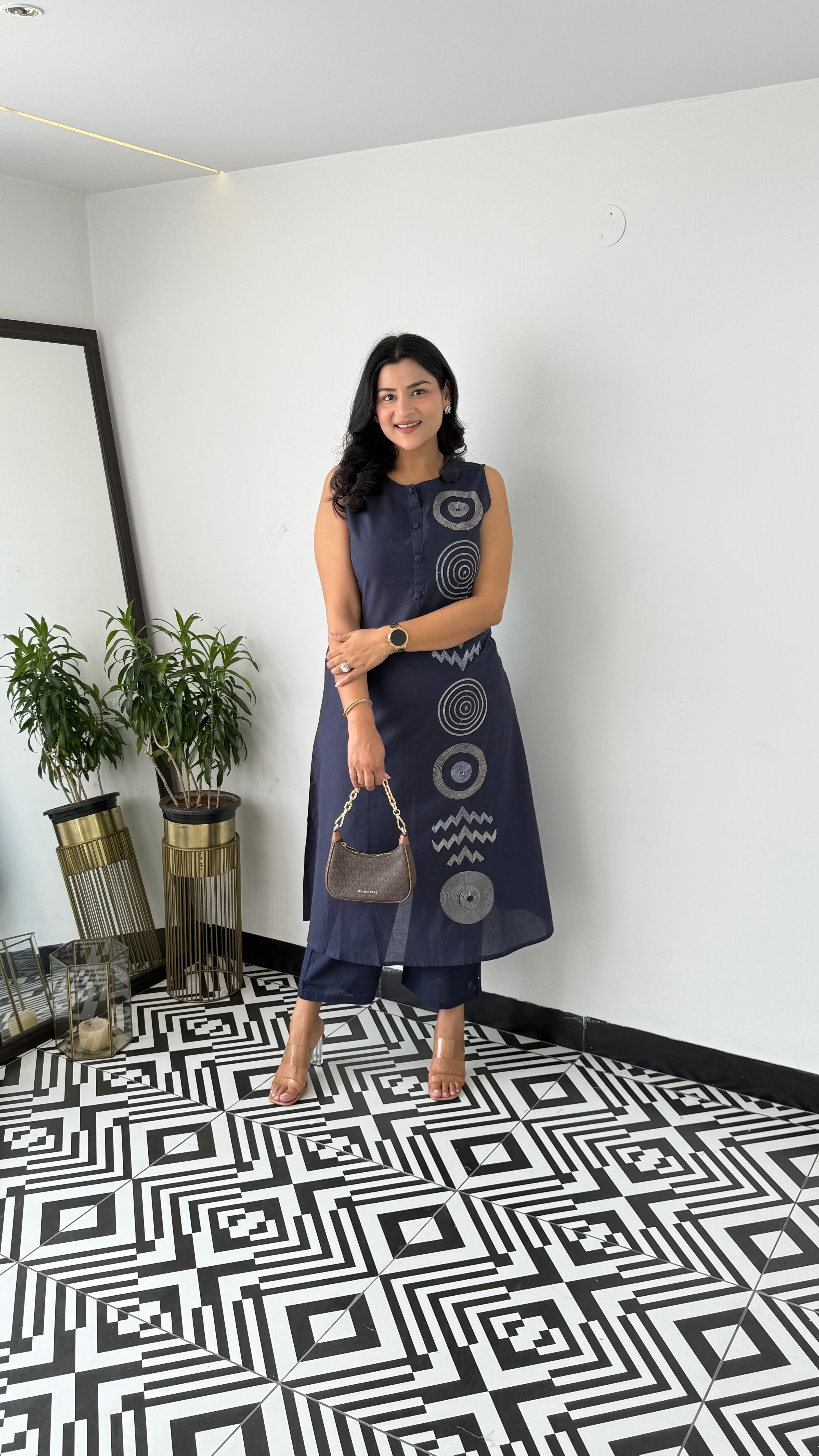 Sleeveless Navy Circle Kurta Pants