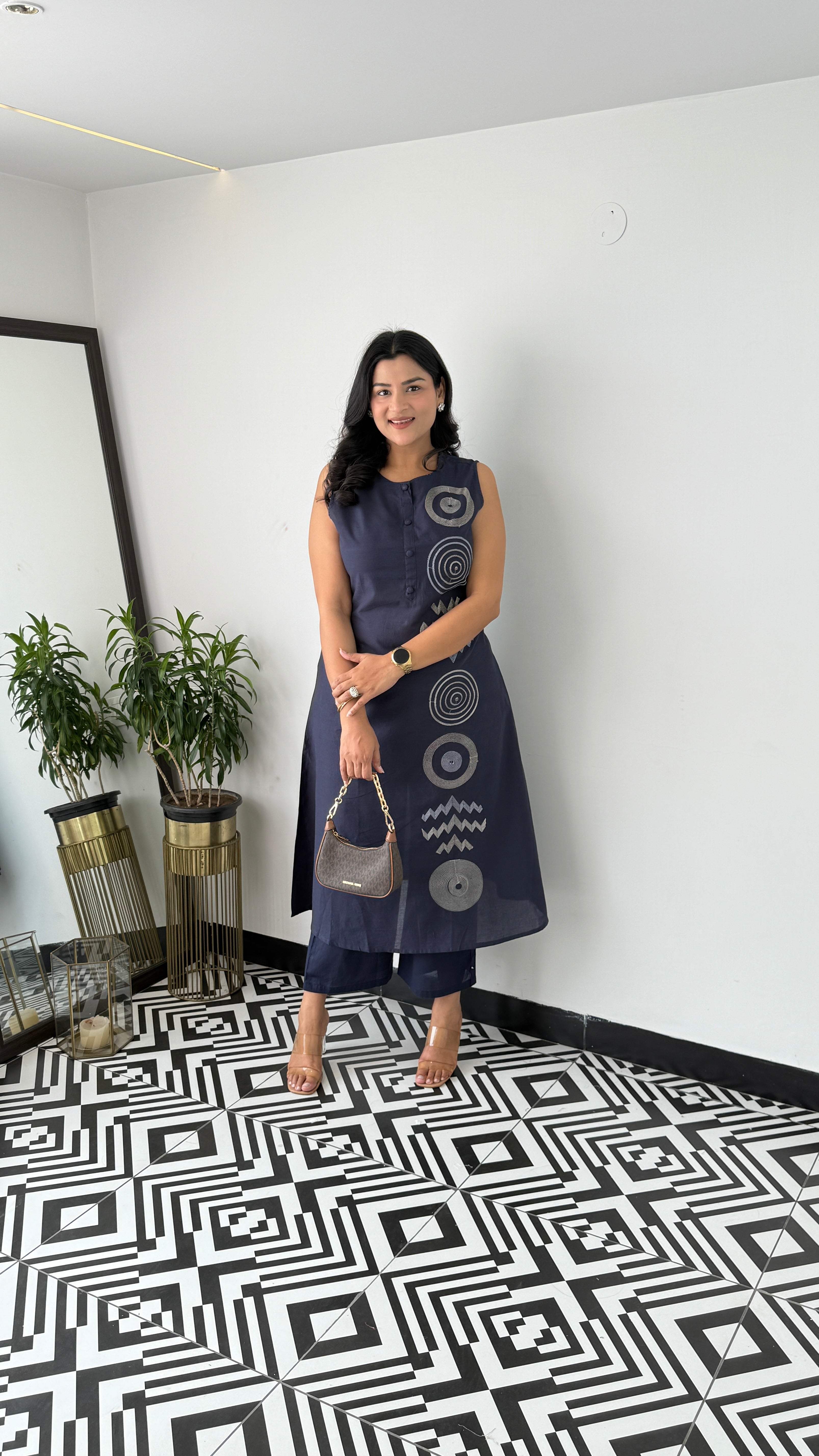 Sleeveless Navy Circle Kurta Pants