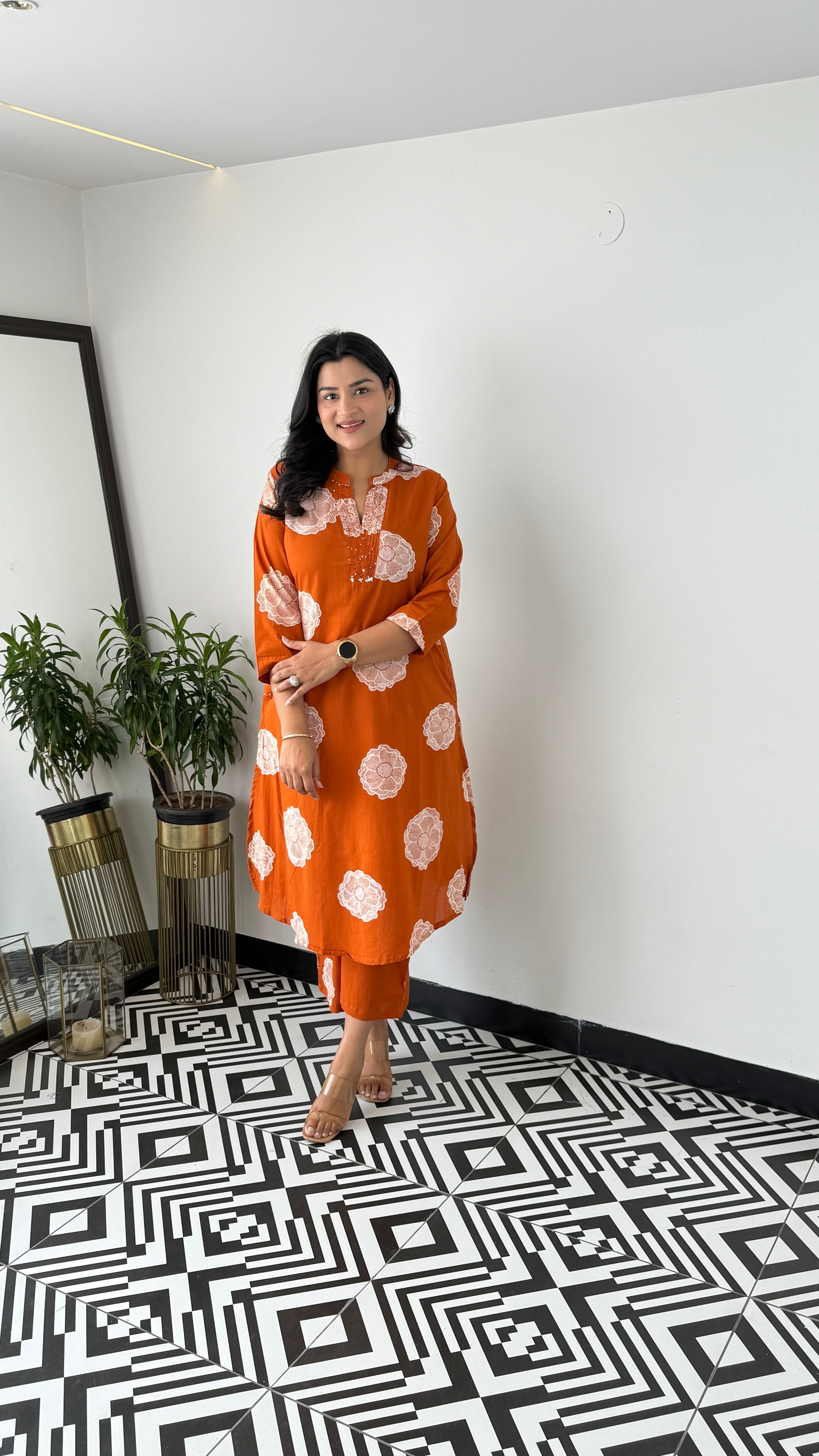 Charming Rust Flower Kurta Pants