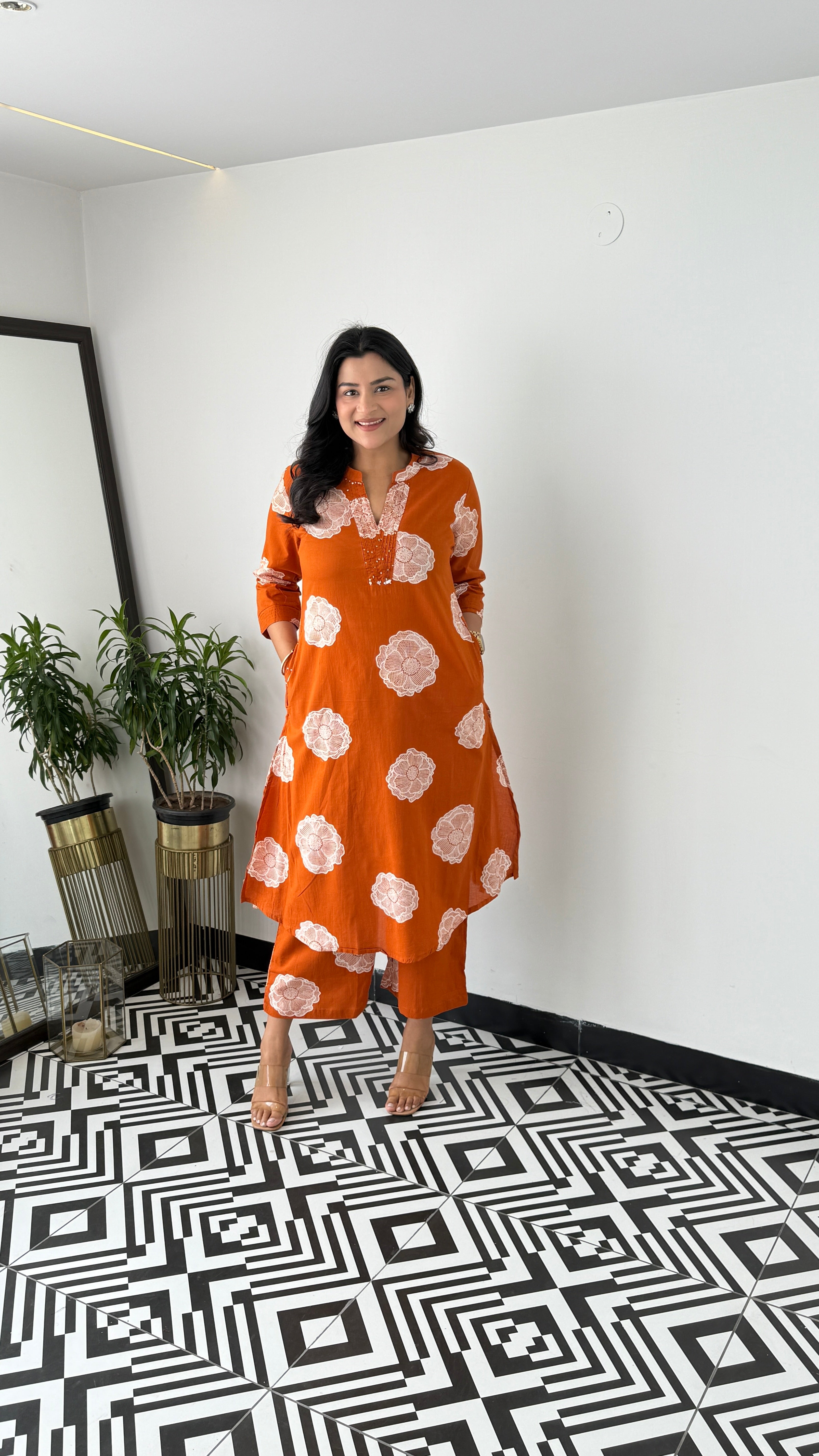 Charming Rust Flower Kurta Pants