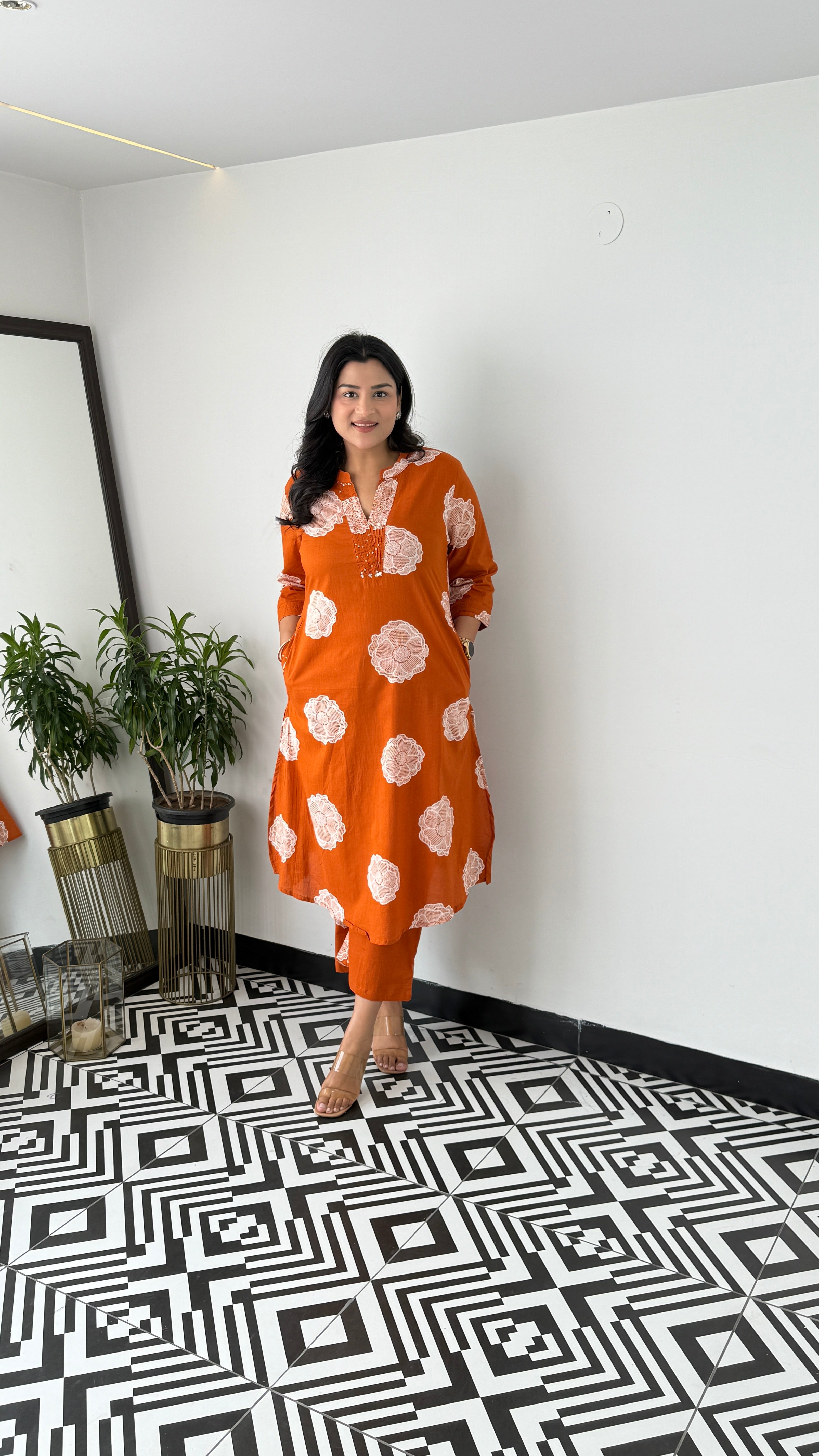 Charming Rust Flower Kurta Pants