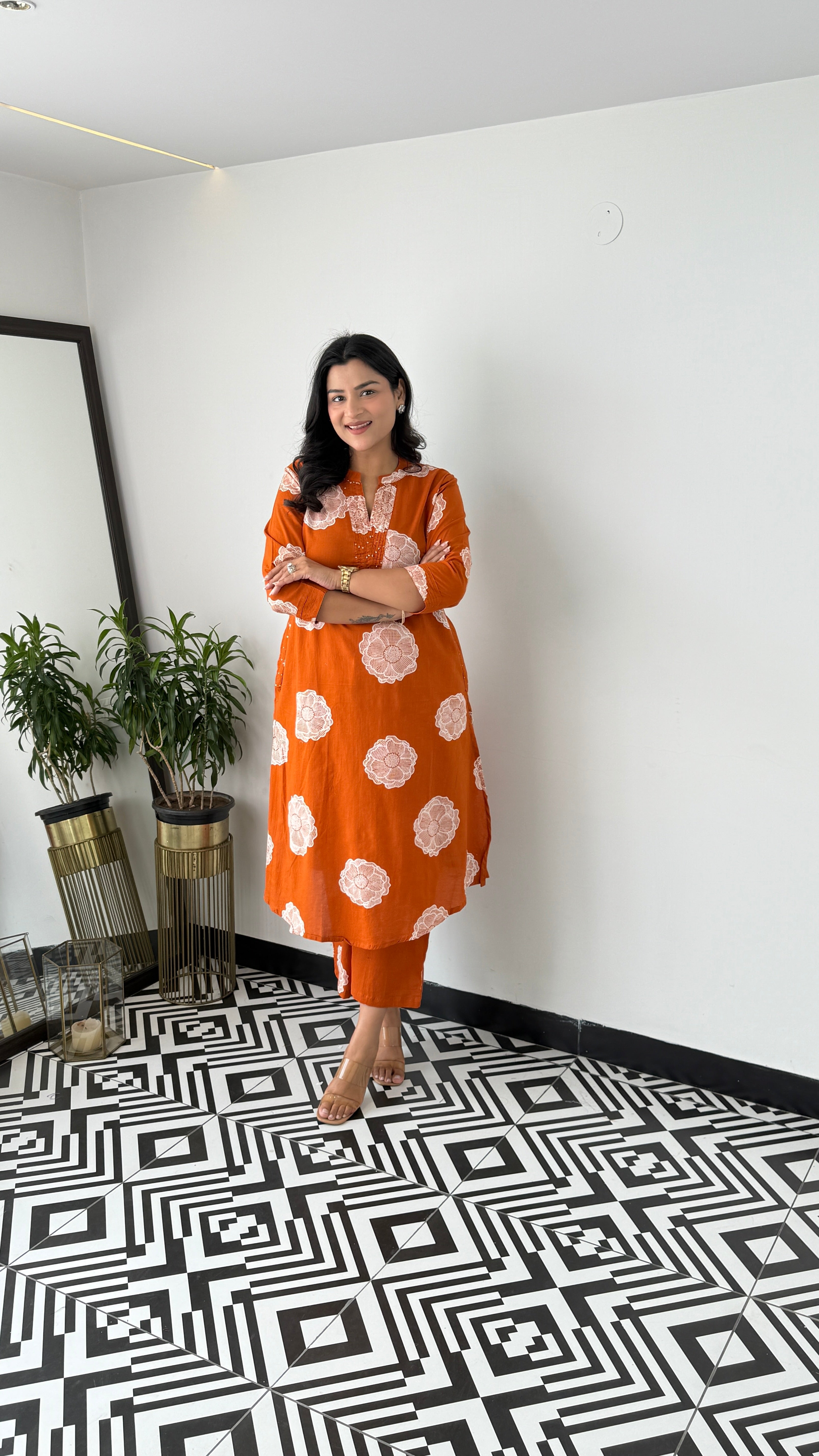 Charming Rust Flower Kurta Pants