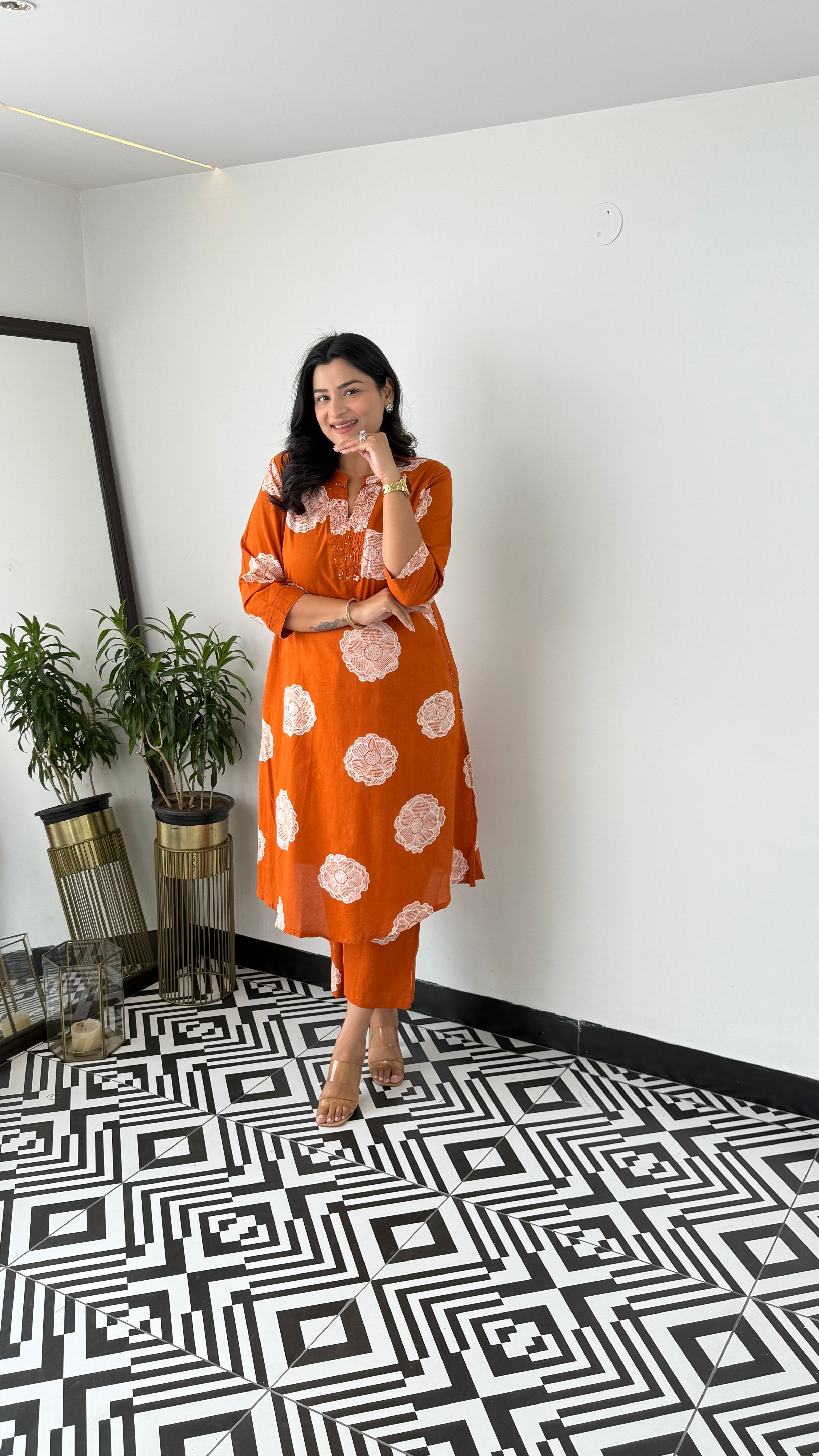 Charming Rust Flower Kurta Pants