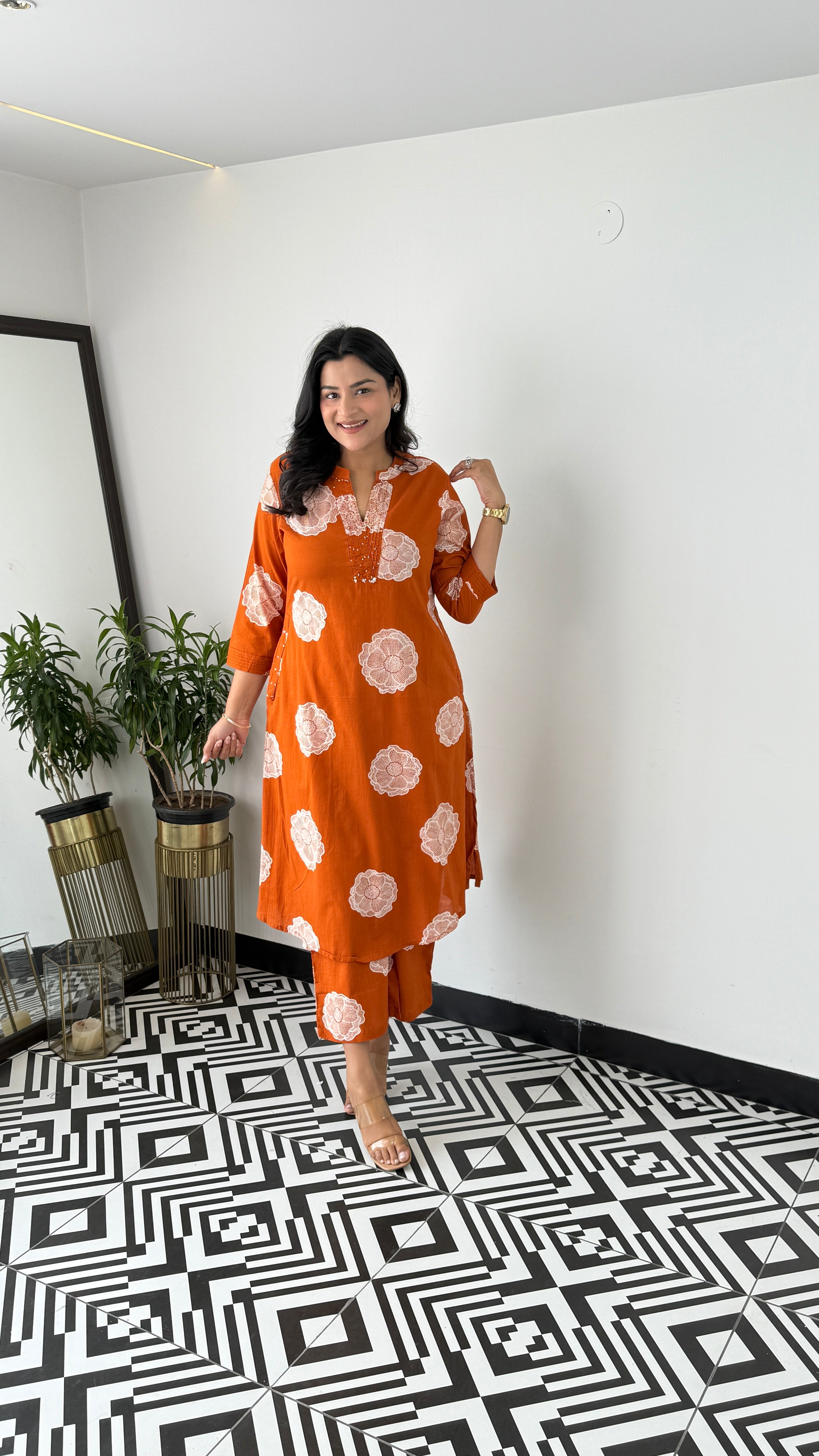 Charming Rust Flower Kurta Pants