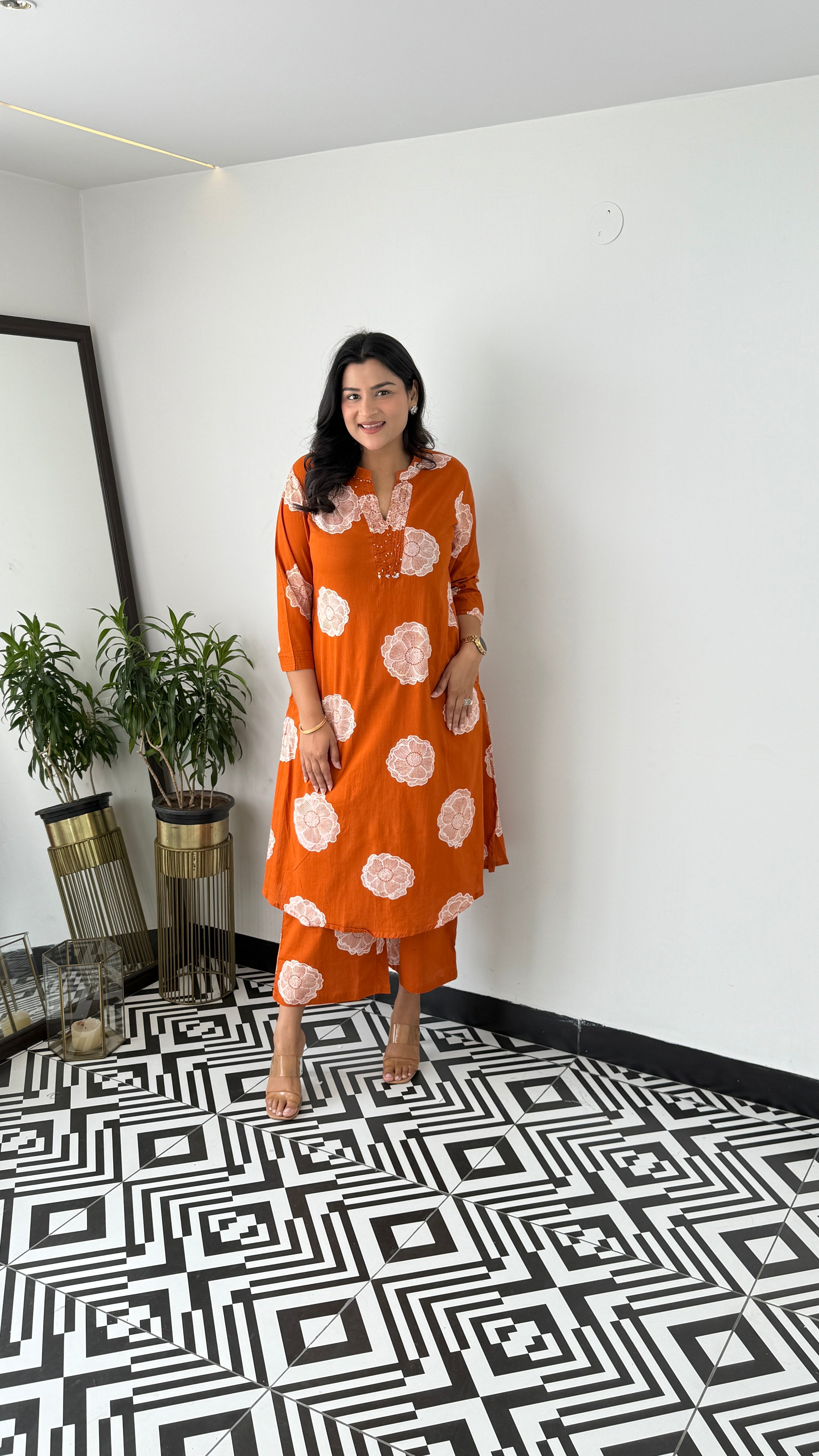 Charming Rust Flower Kurta Pants