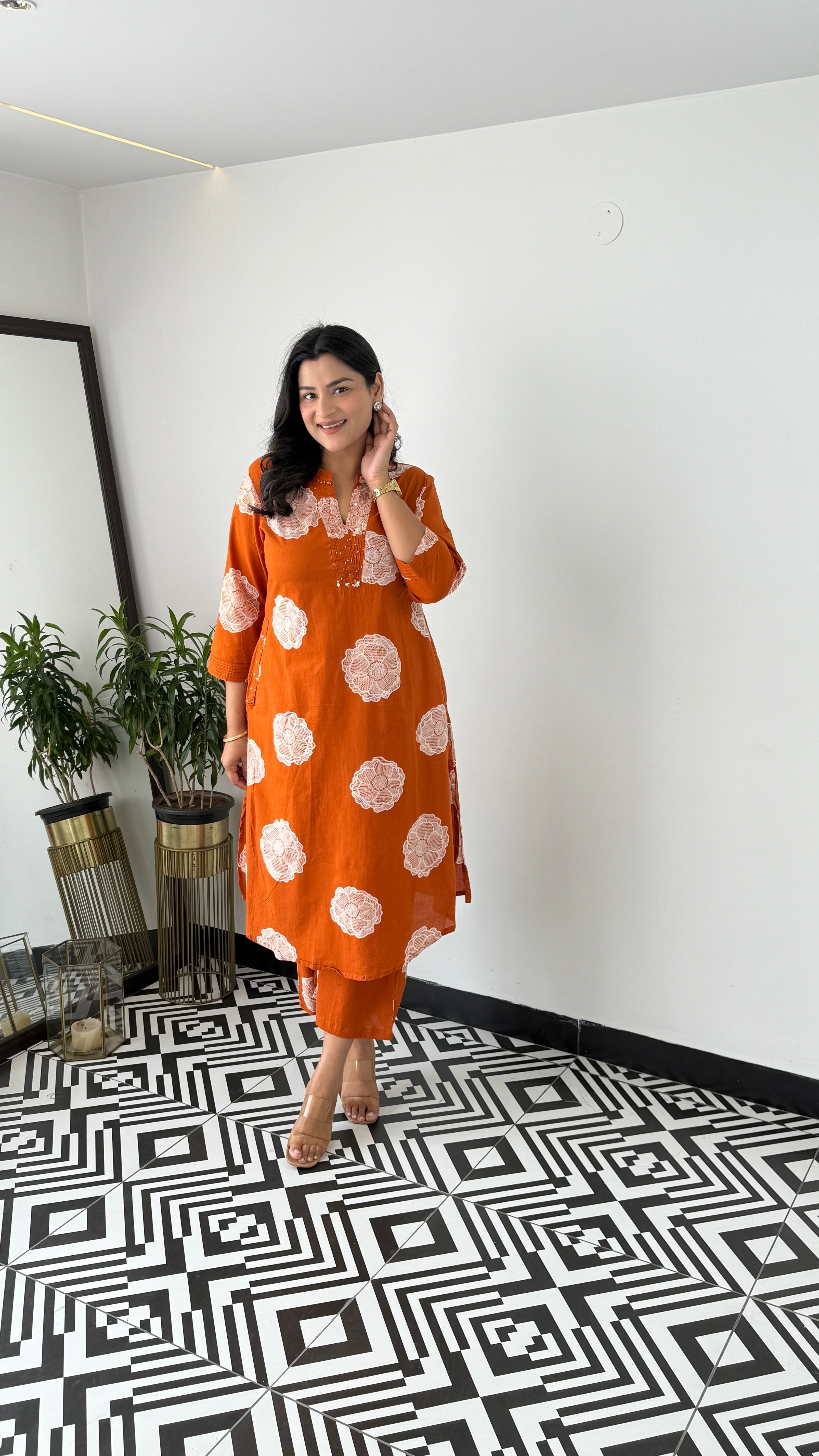 Charming Rust Flower Kurta Pants