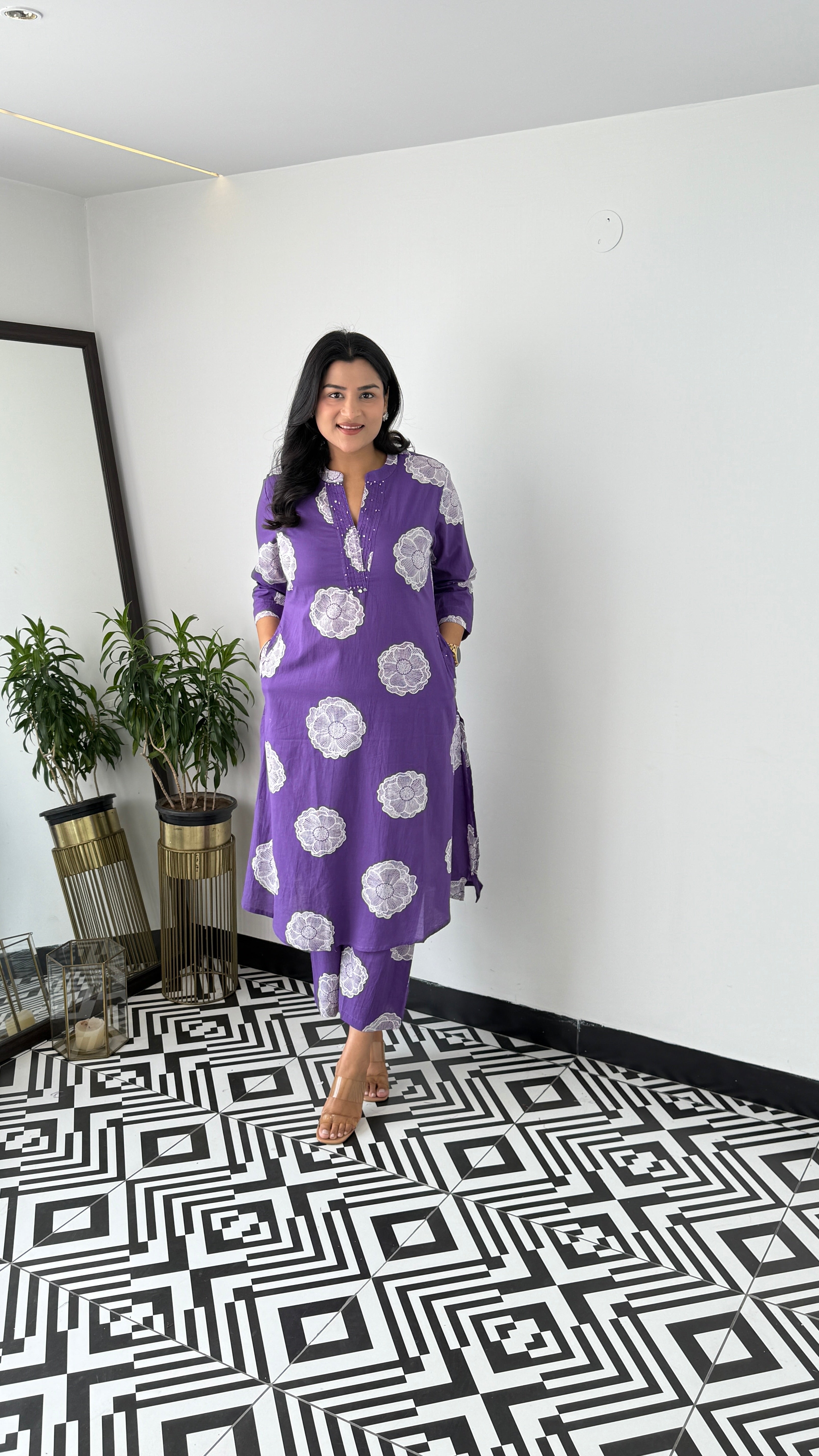 Charming Royal Purple Flower Kurta Pants