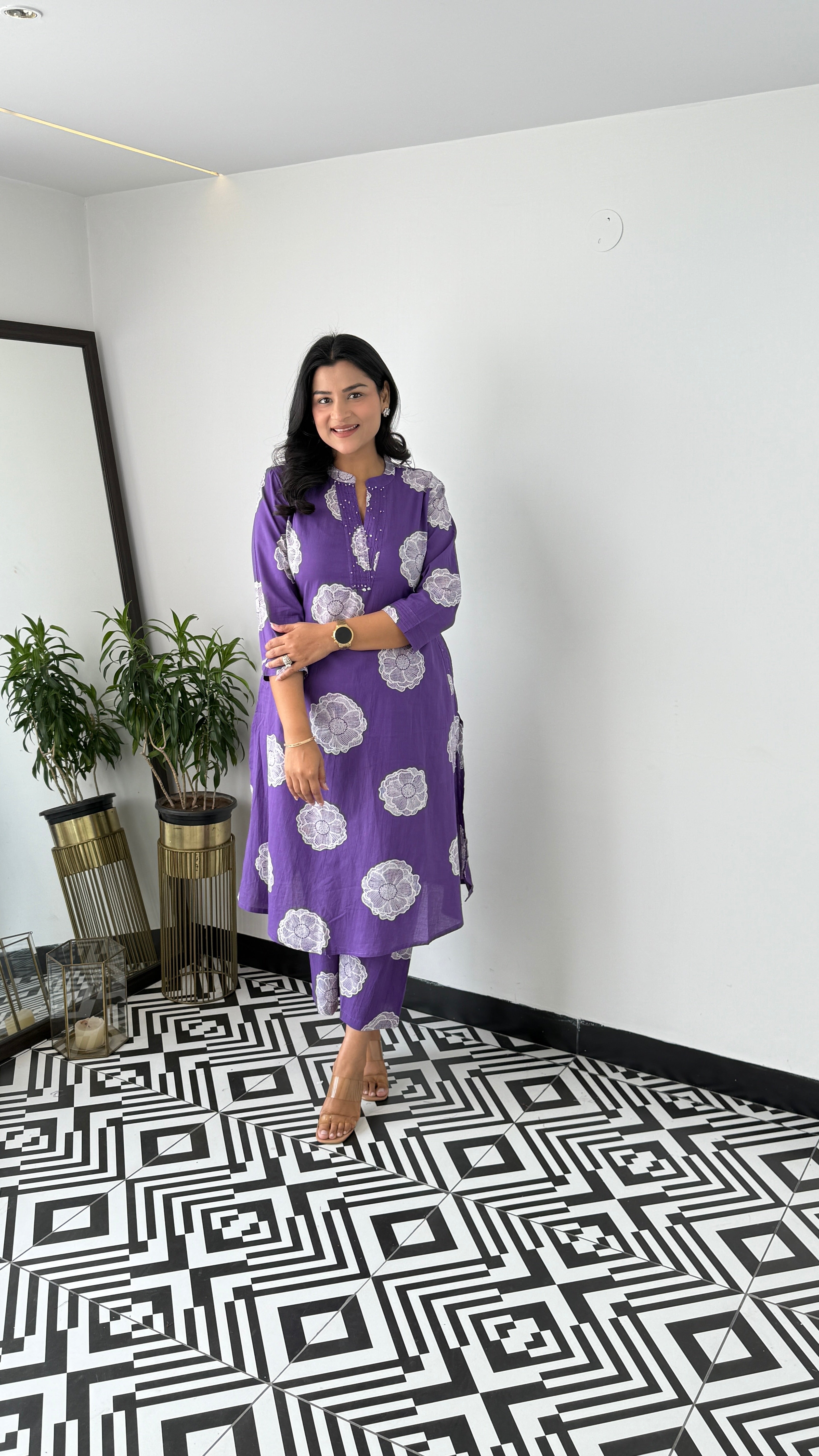 Charming Royal Purple Flower Kurta Pants