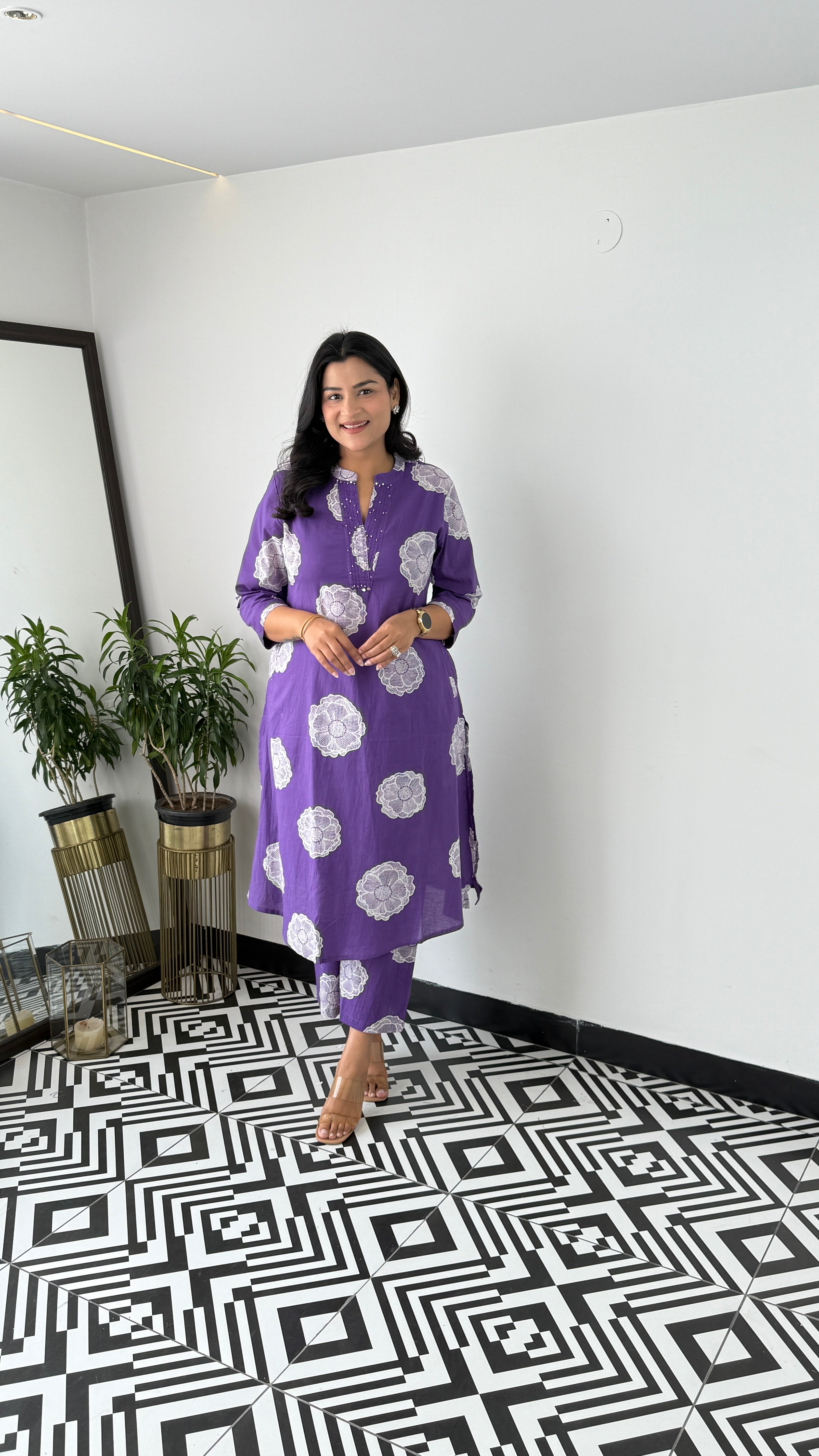 Charming Royal Purple Flower Kurta Pants