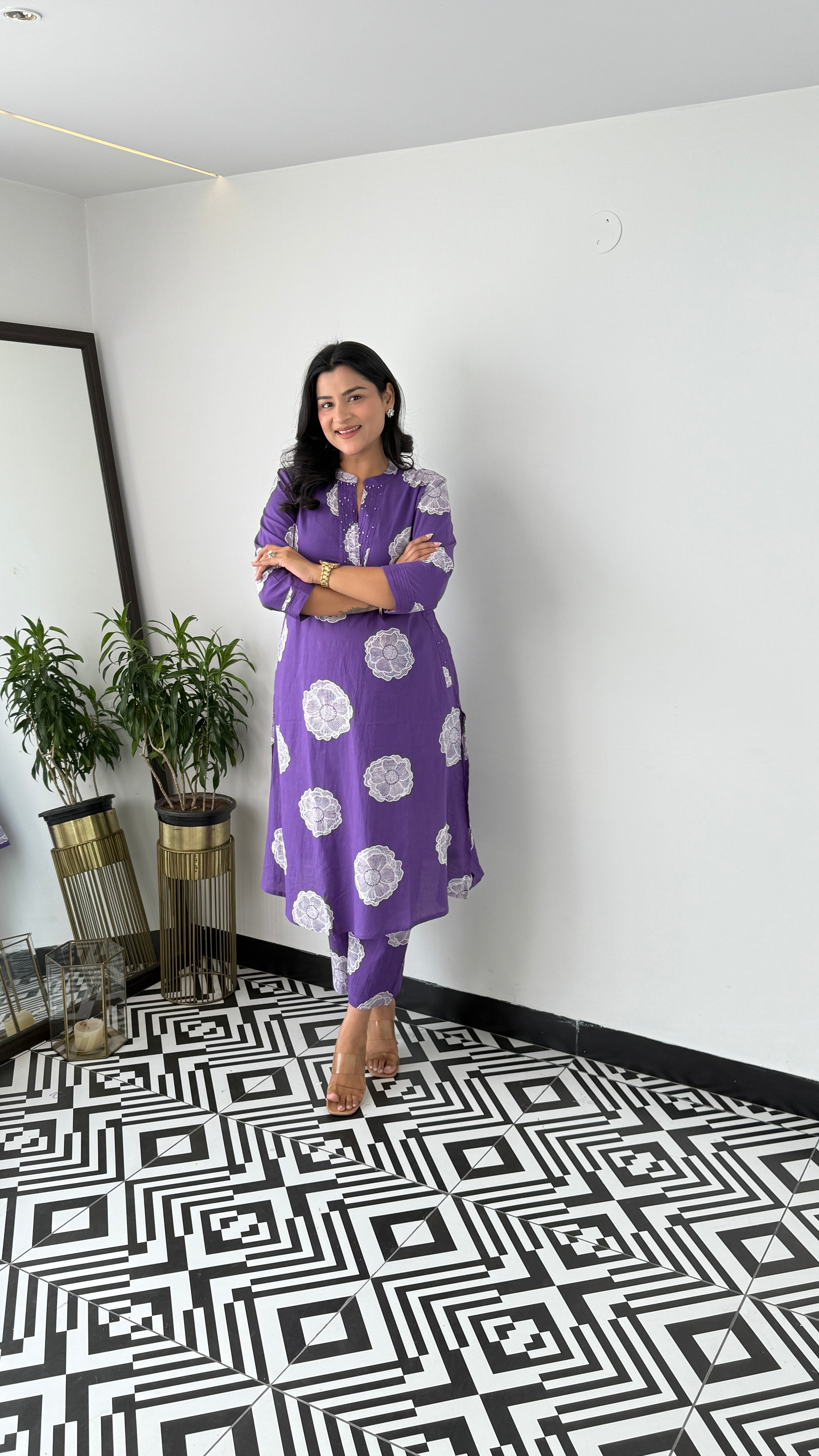 Charming Royal Purple Flower Kurta Pants