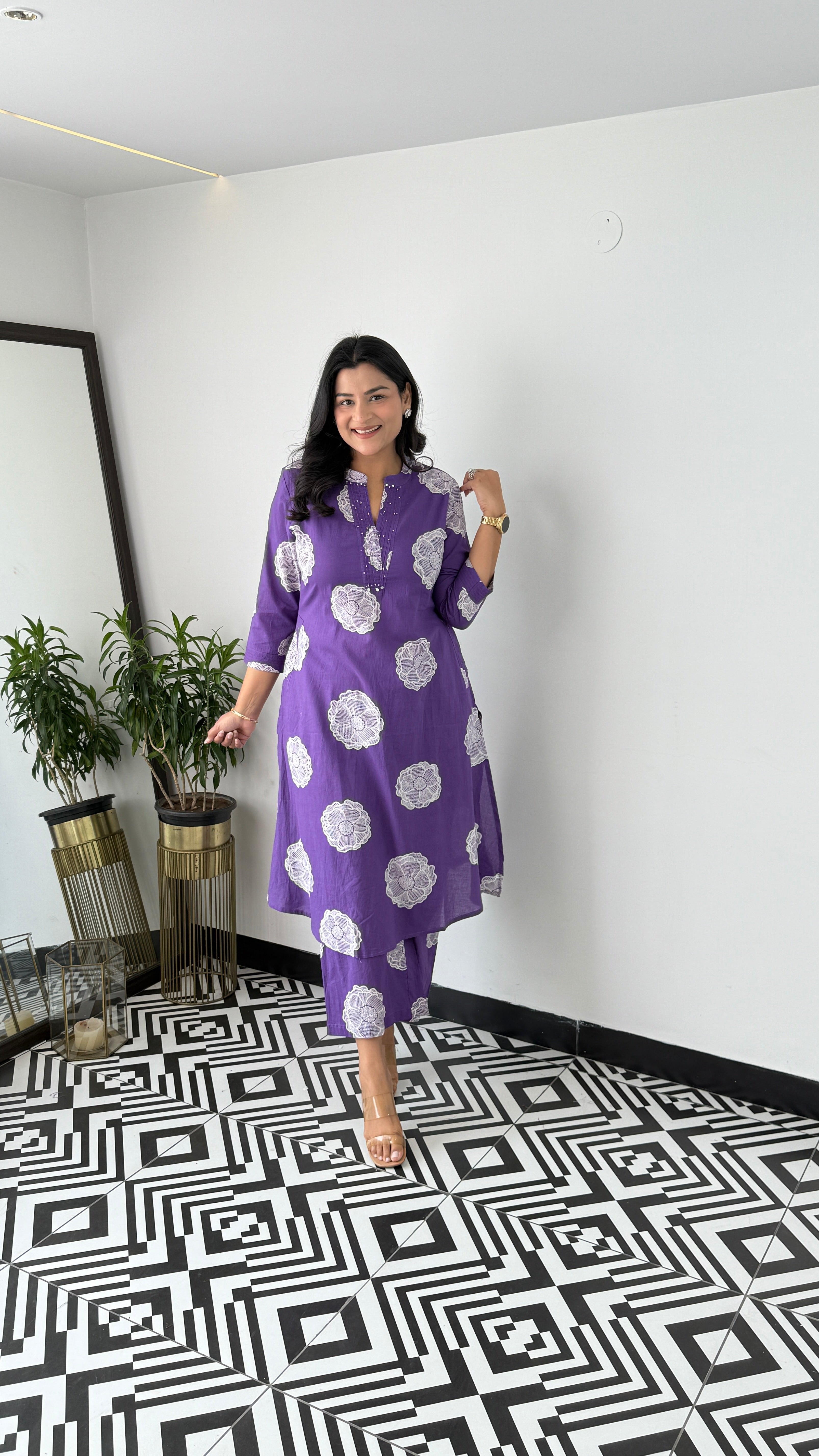 Charming Royal Purple Flower Kurta Pants