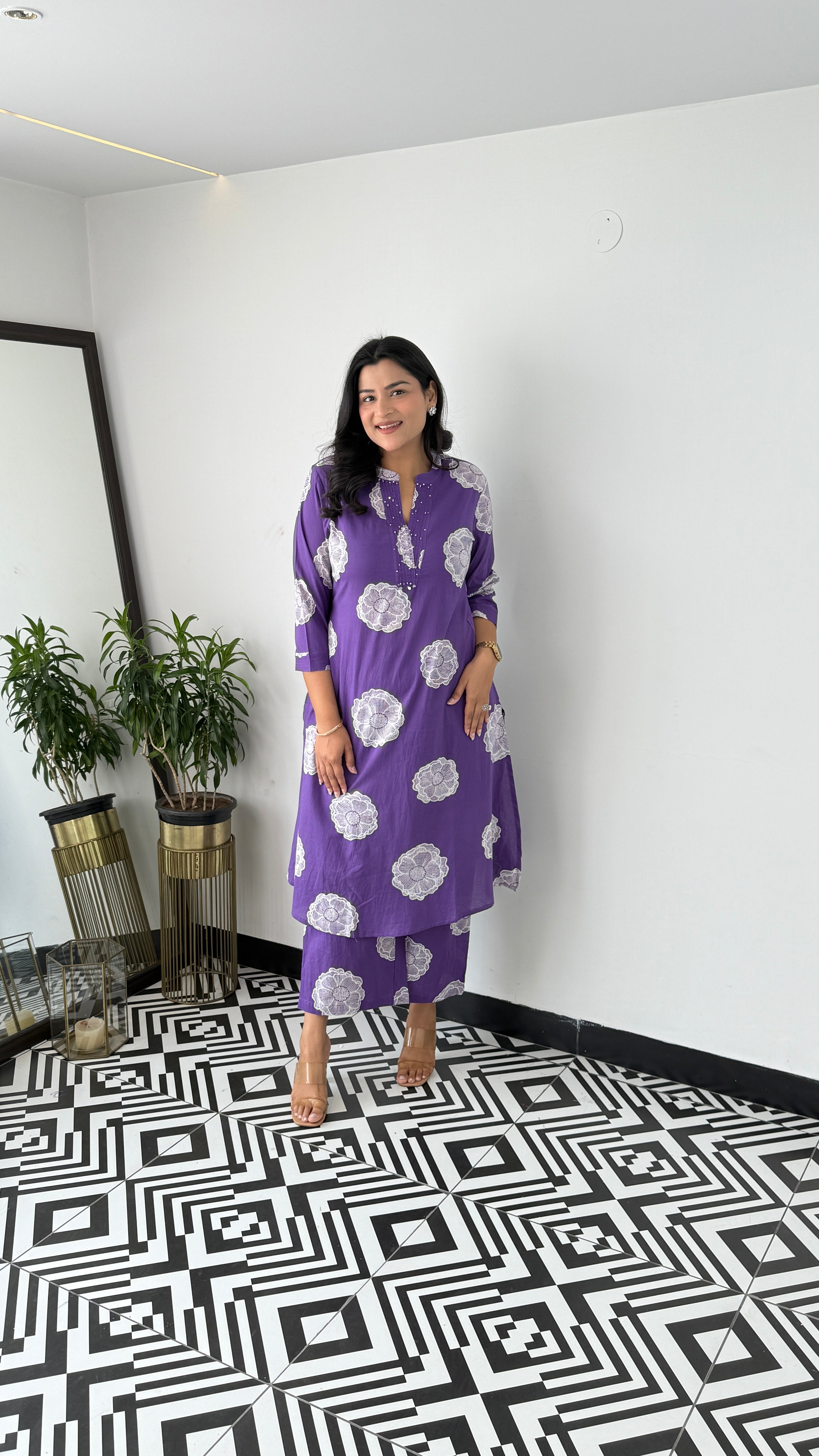 Charming Royal Purple Flower Kurta Pants