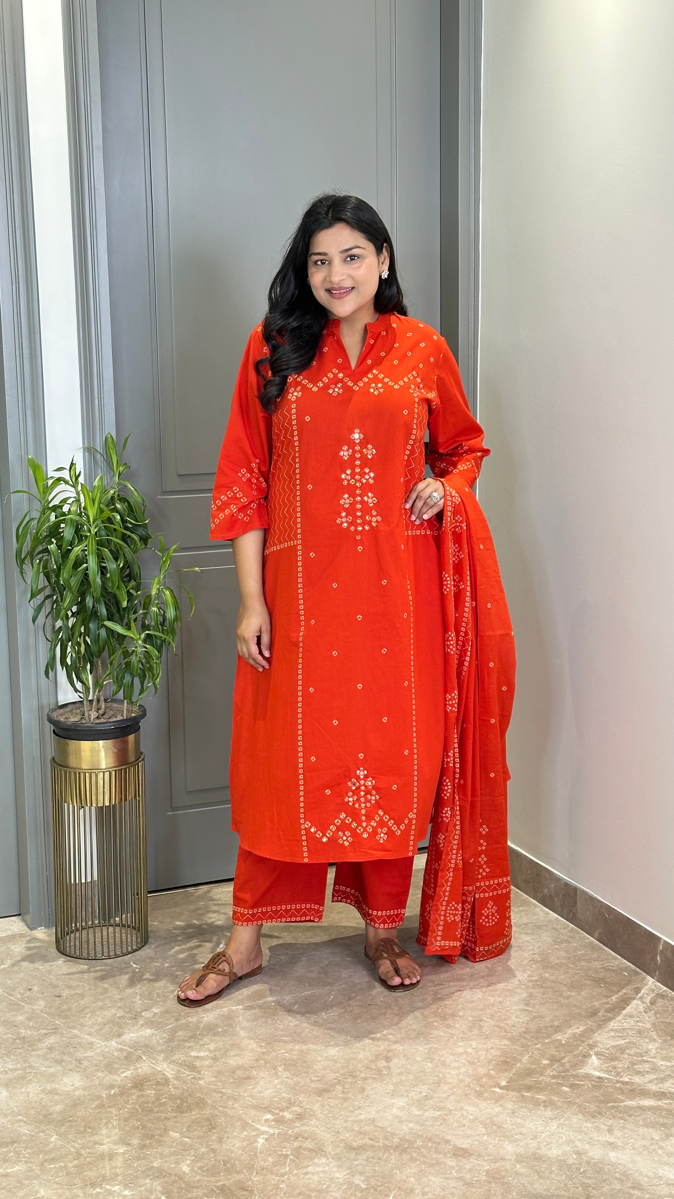 Bandhej Orange Square Suit Set