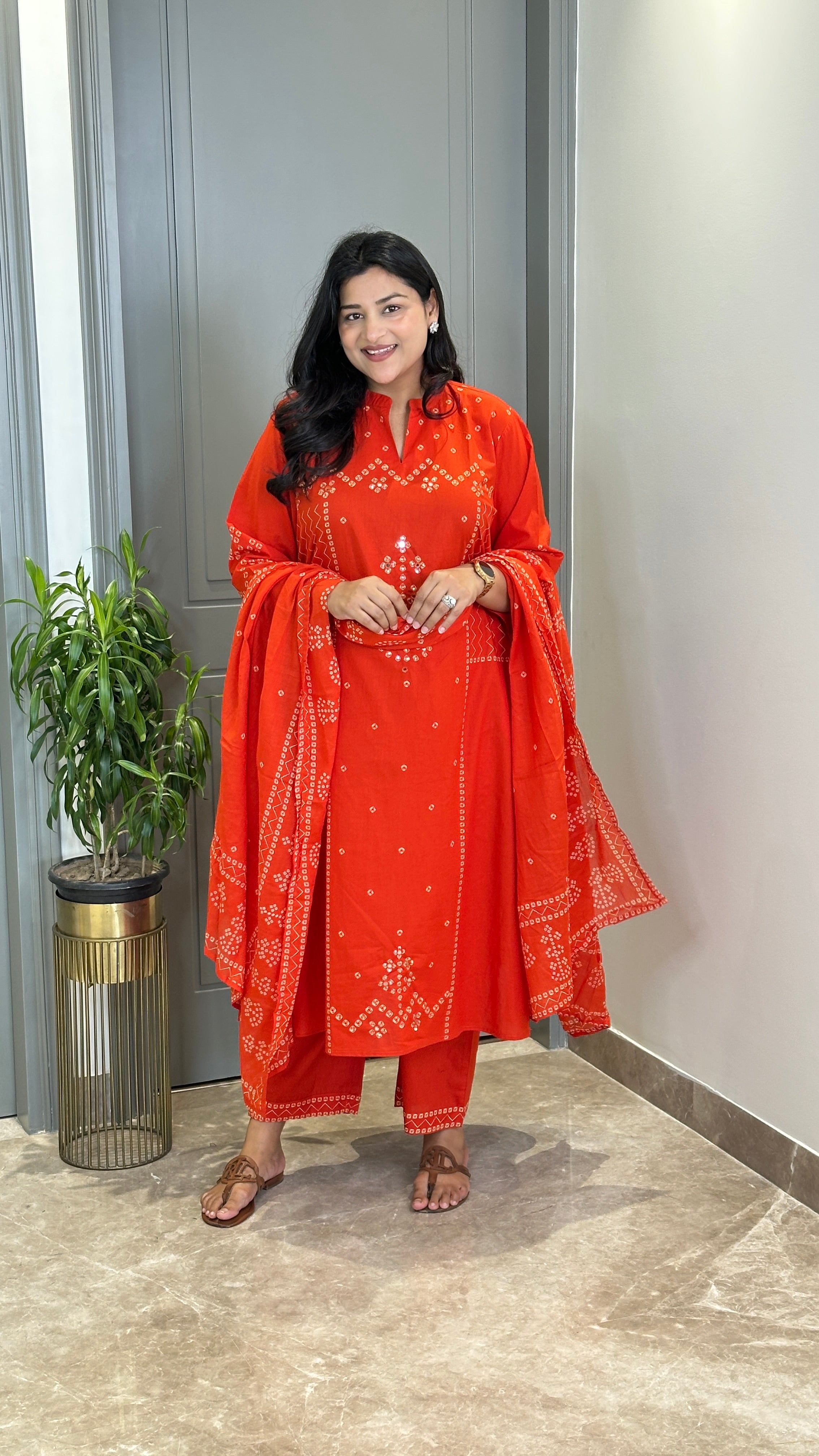 Bandhej Orange Square Suit Set