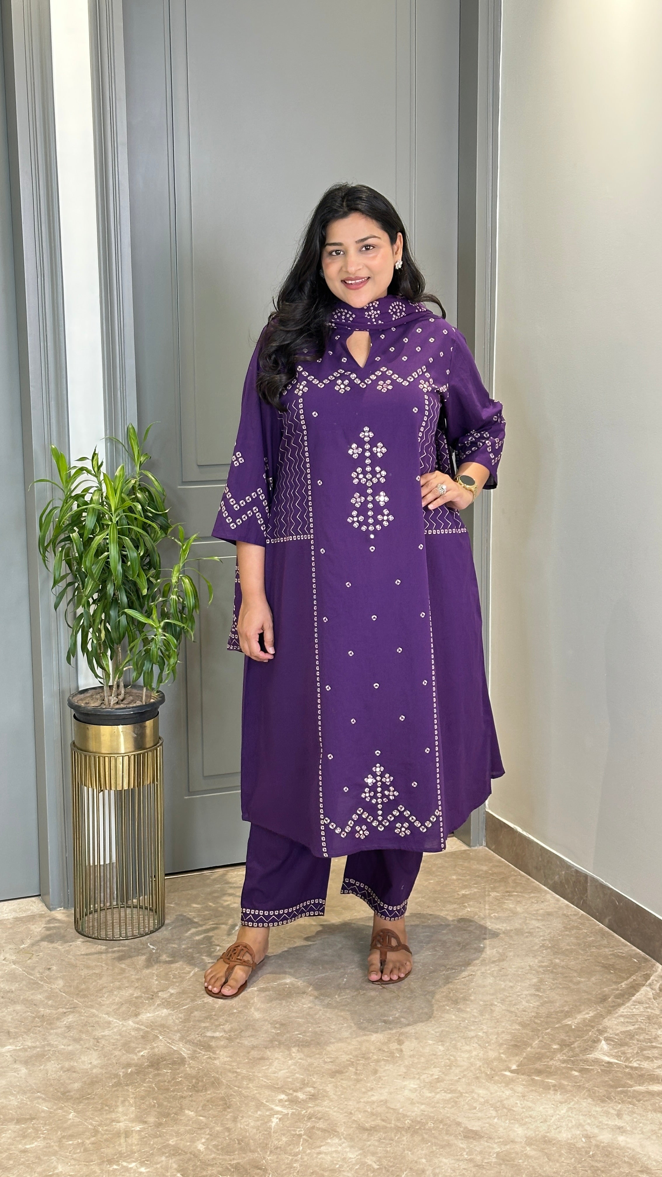 ⁠Bandhej Purple Square Suit Set