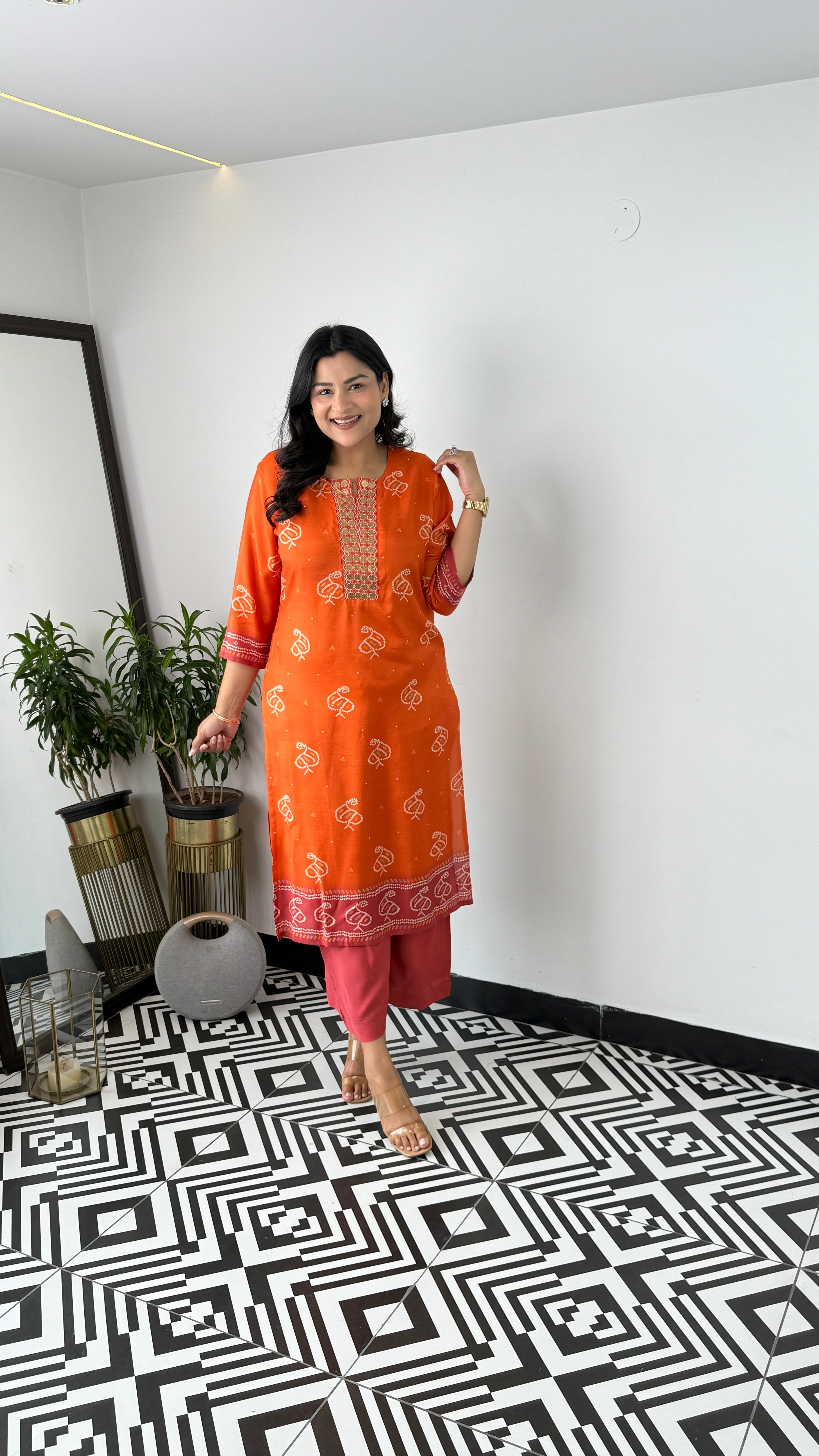 Bandhej Gold Orange Kurta Pants