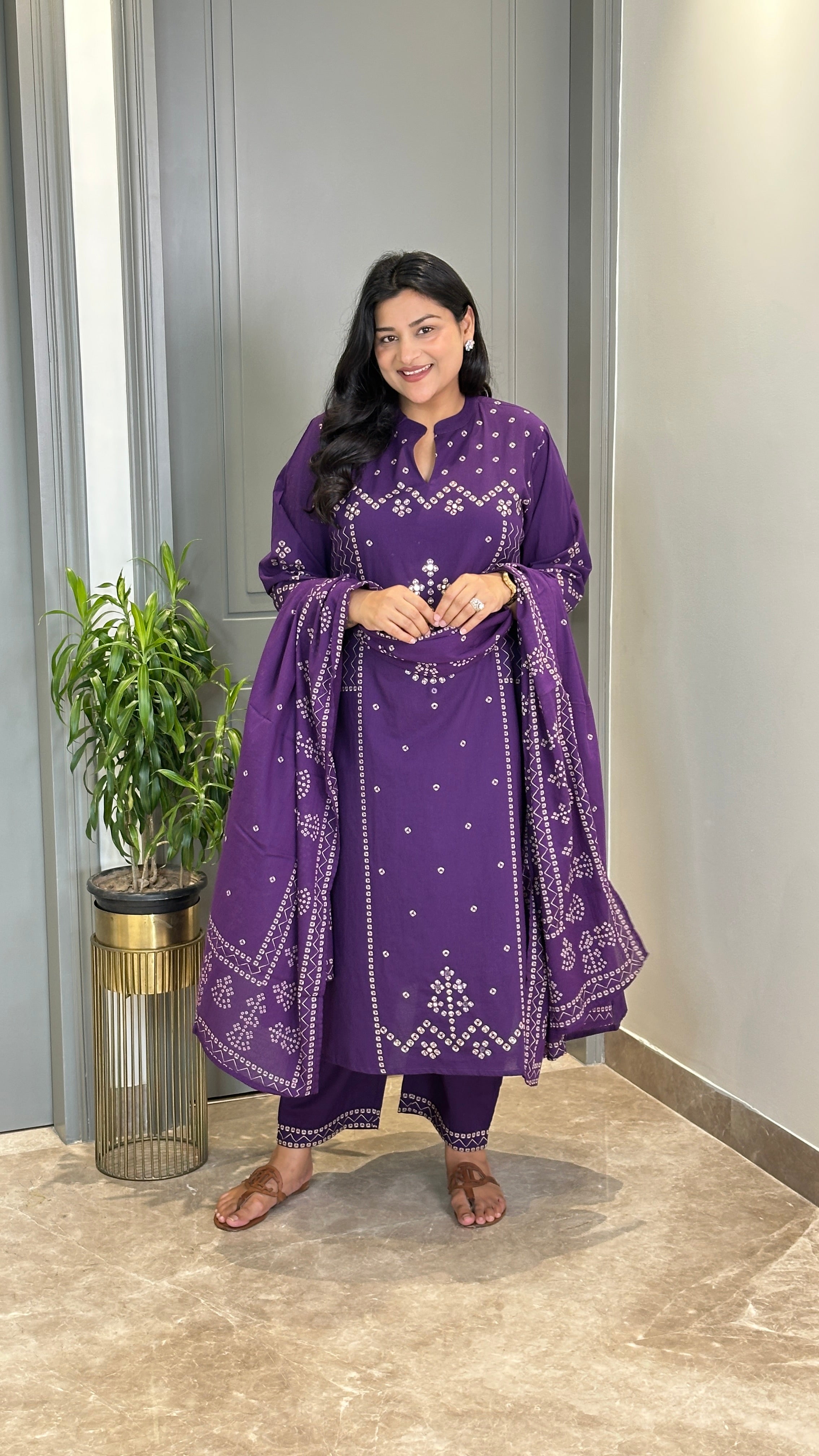 ⁠Bandhej Purple Square Suit Set