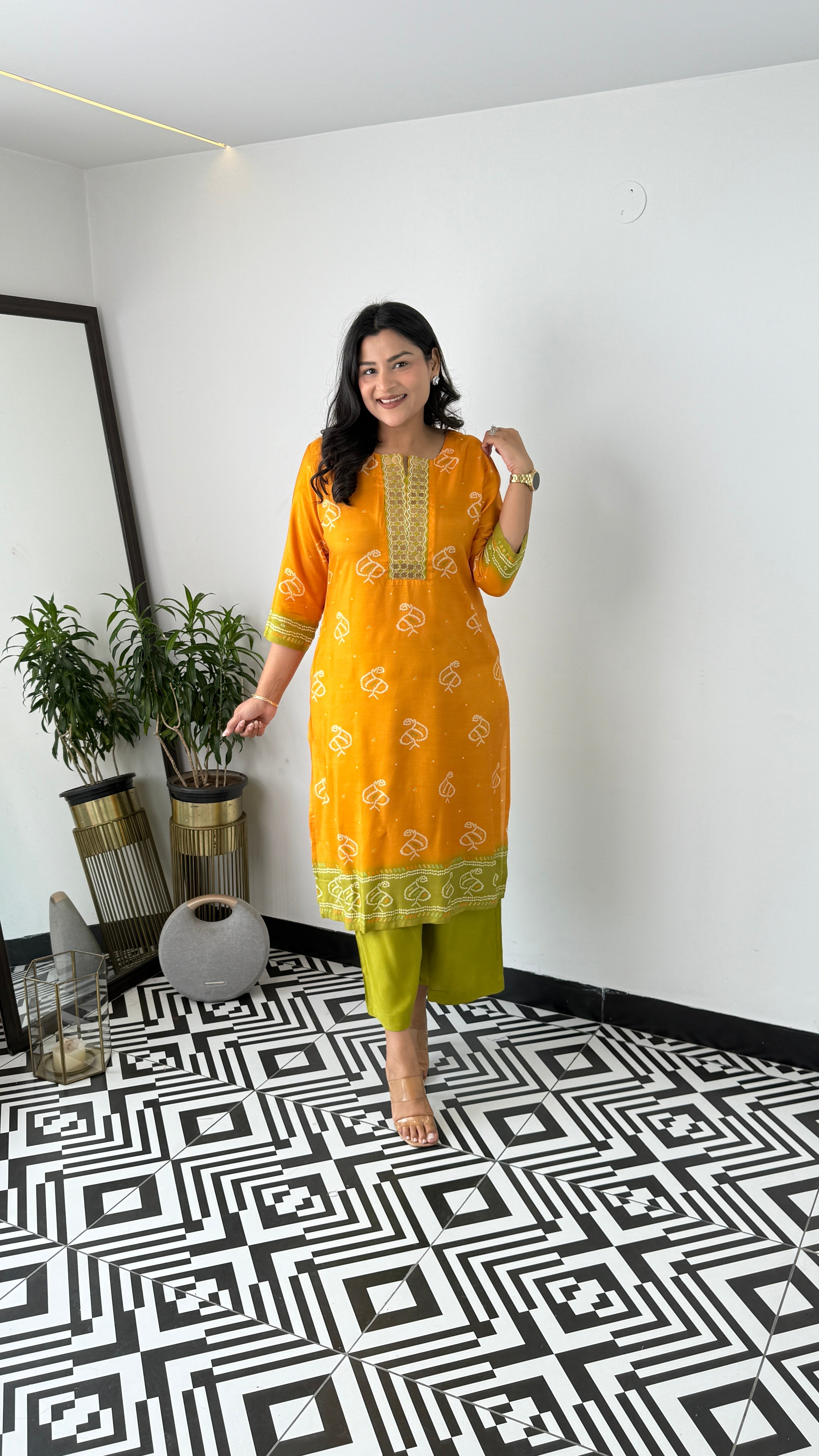 Bandhej Gold Genda Kurta Pants