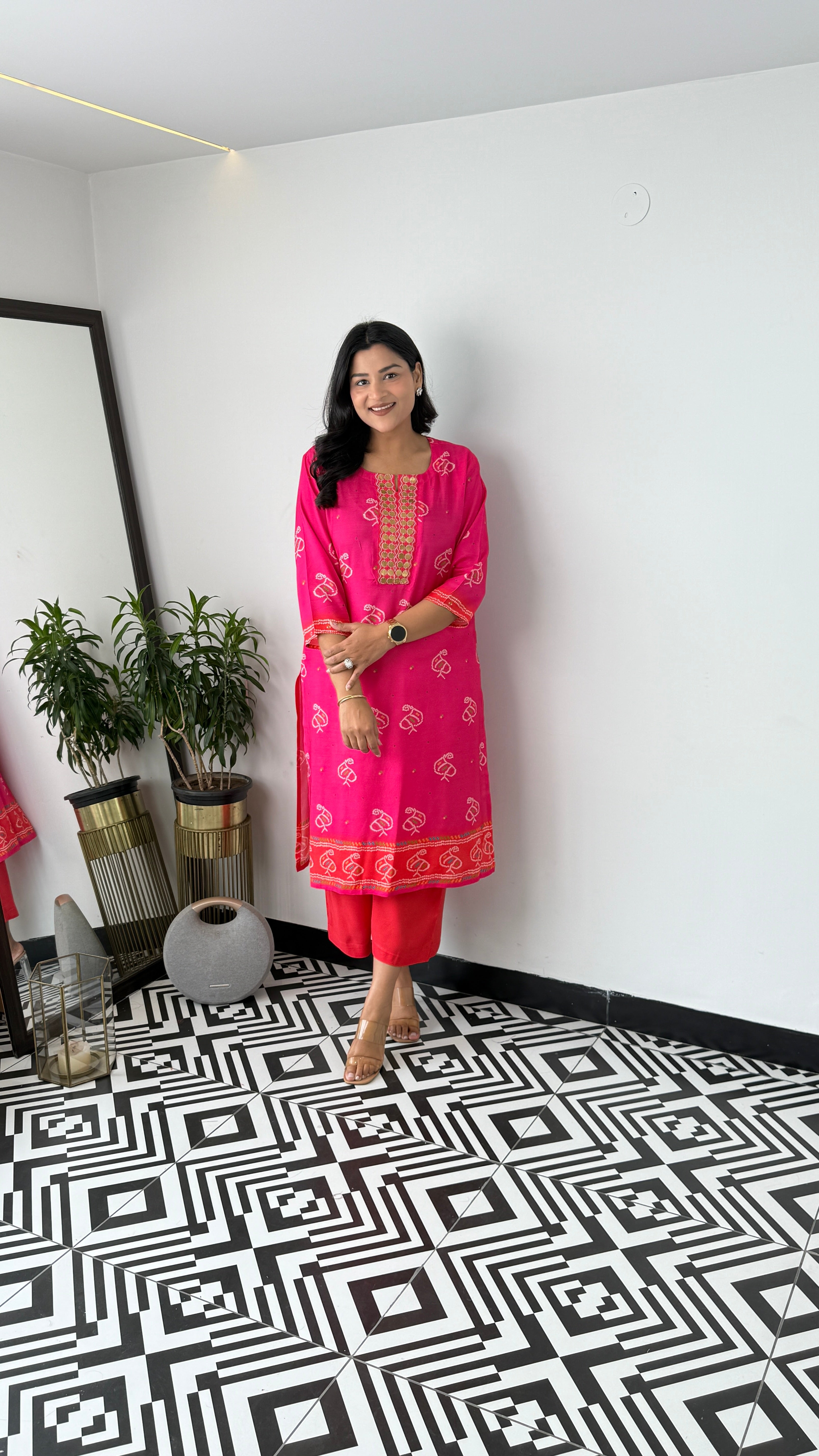 Bandhej Gold Pink Kurta Pants