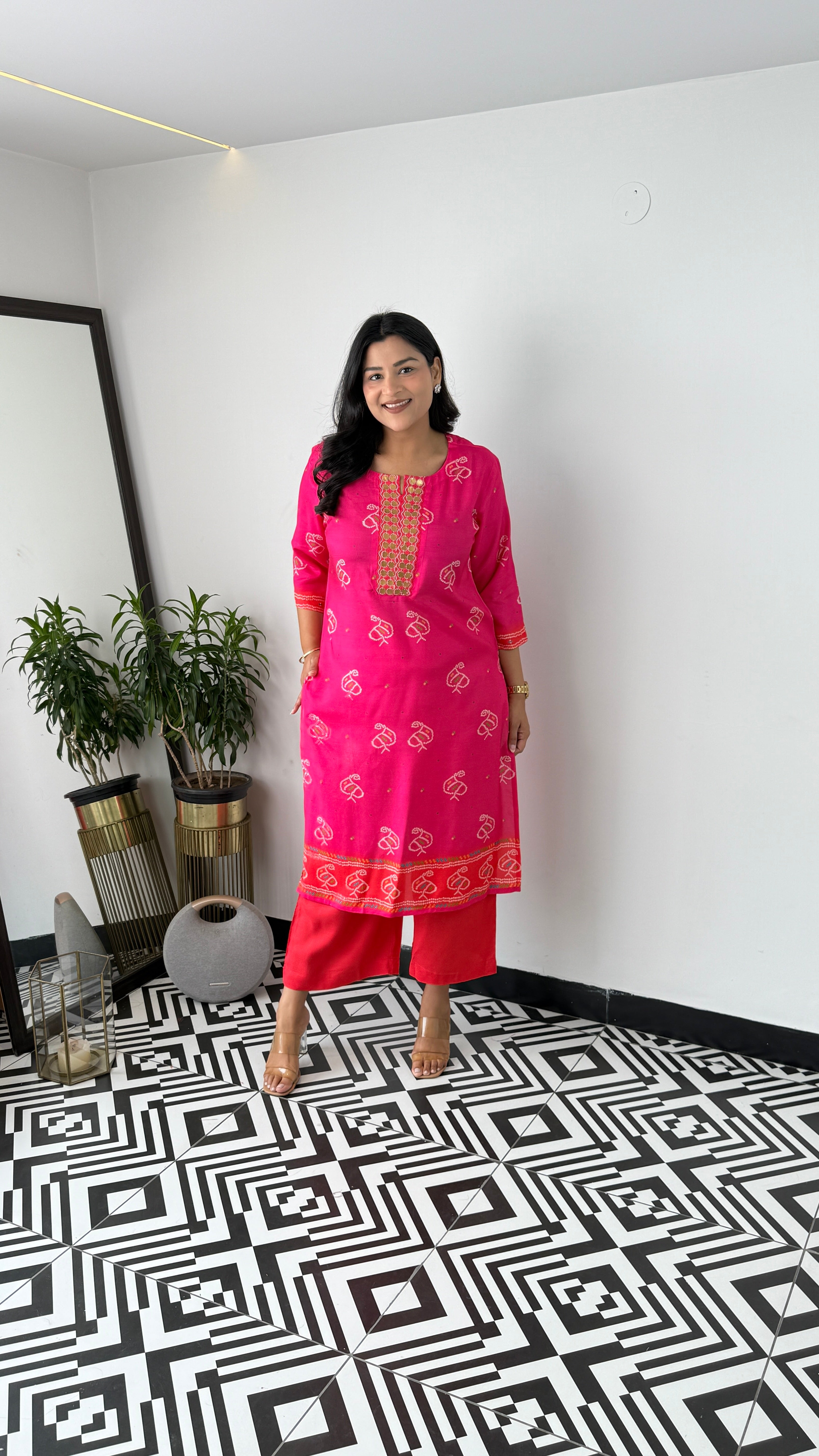 Bandhej Gold Pink Kurta Pants
