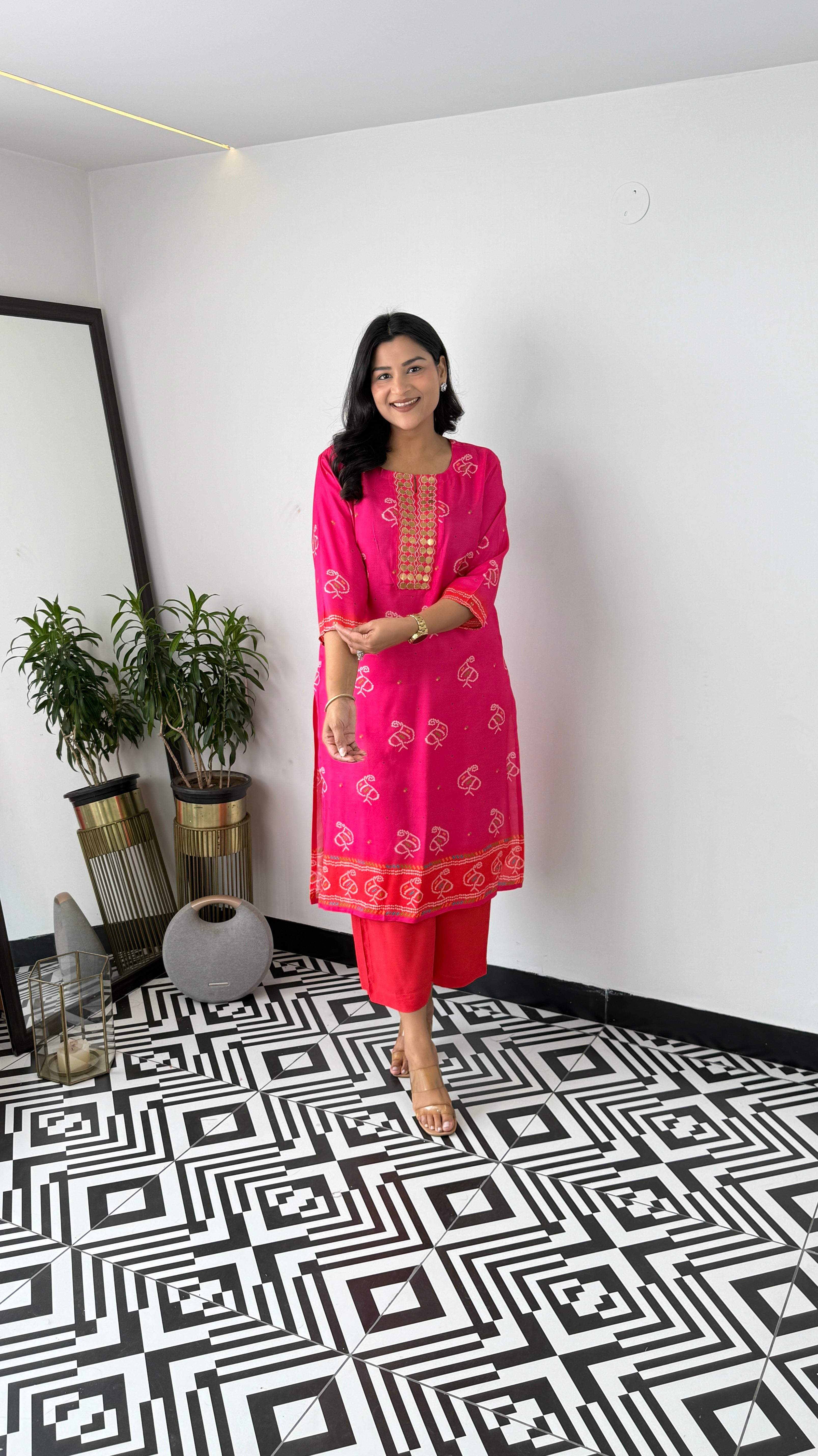 Bandhej Gold Pink Kurta Pants
