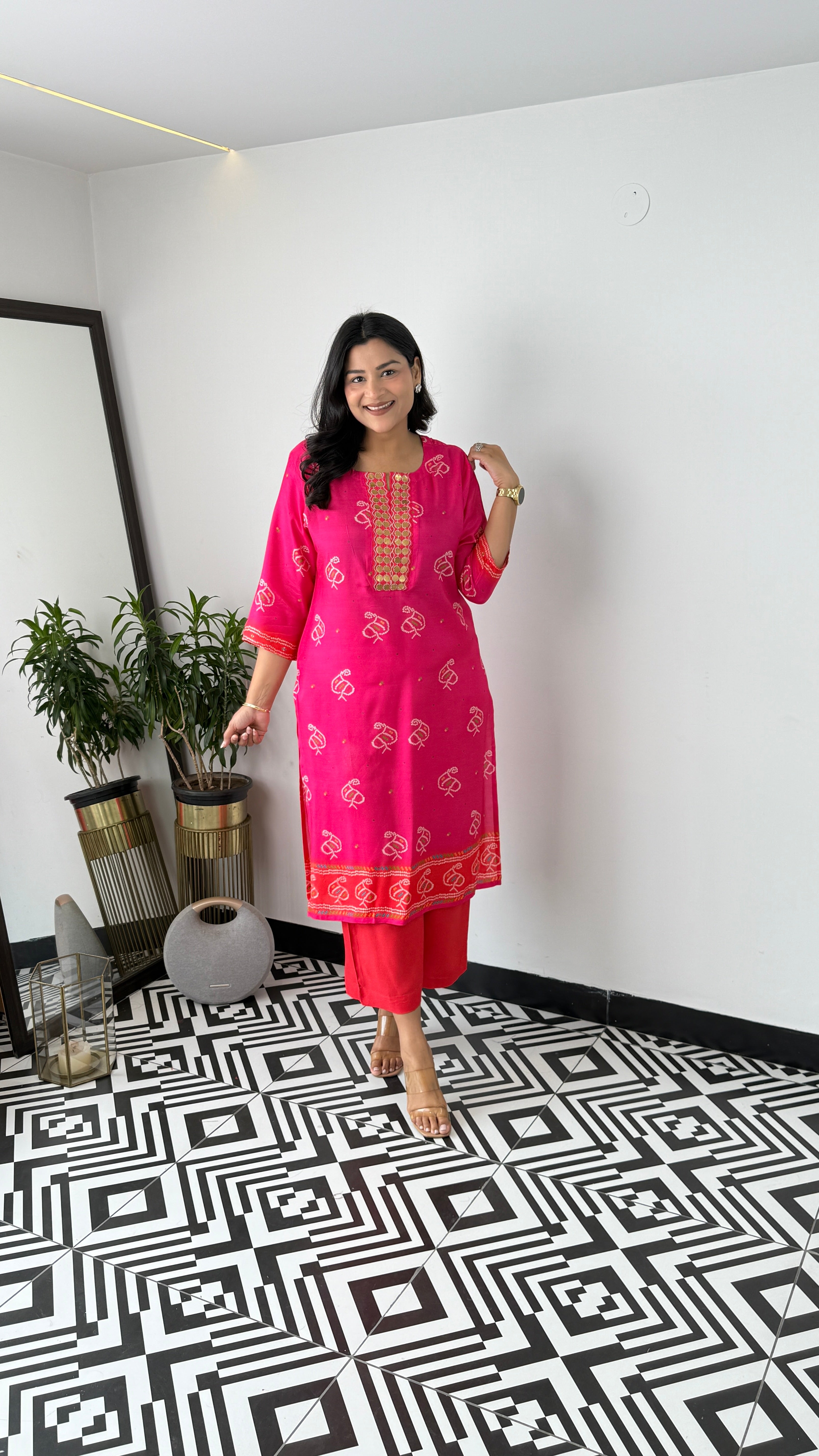 Bandhej Gold Pink Kurta Pants