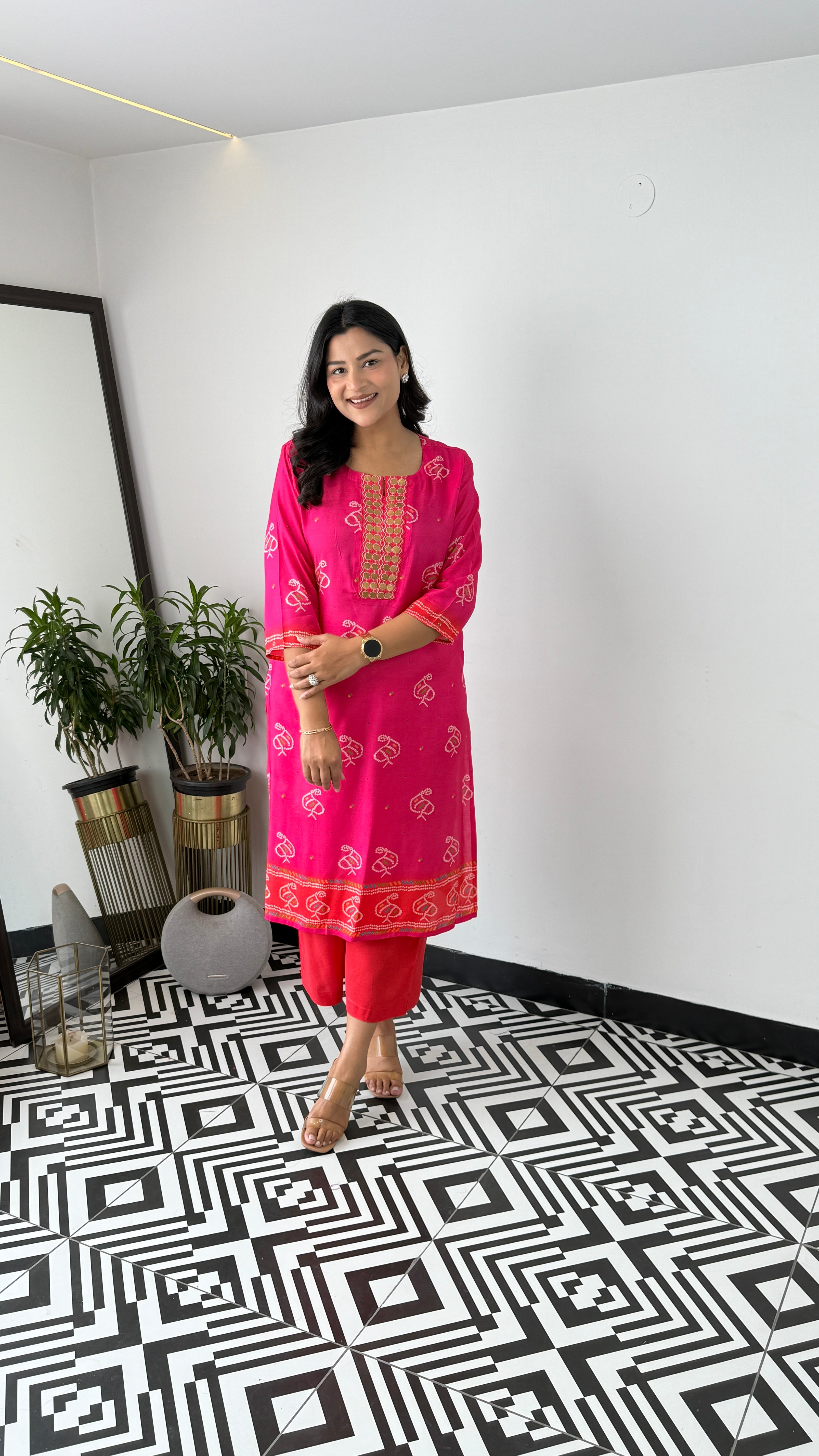 Bandhej Gold Pink Kurta Pants