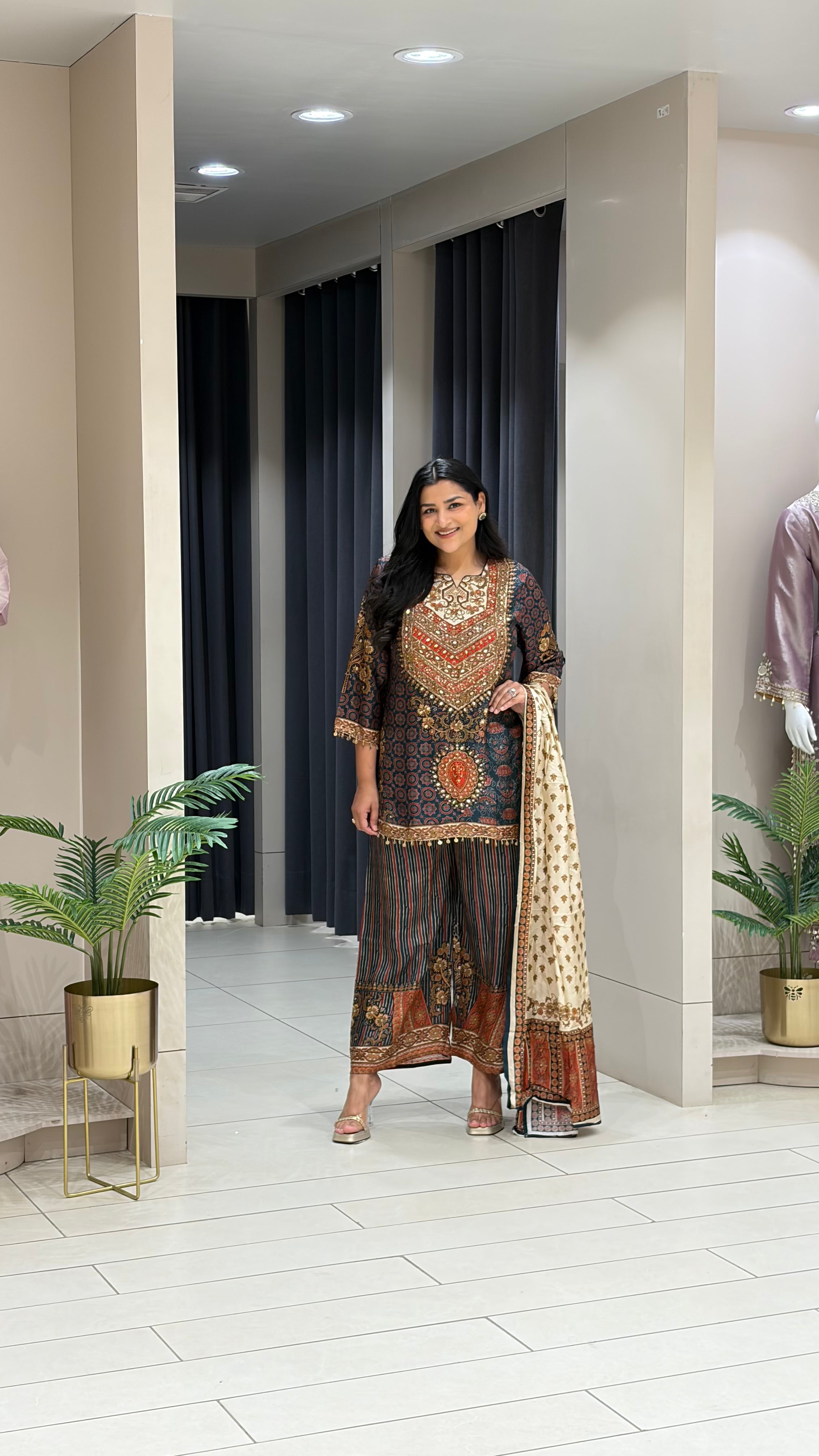 Black and Grey Ajrakh Silk Suit Set shrisa.in