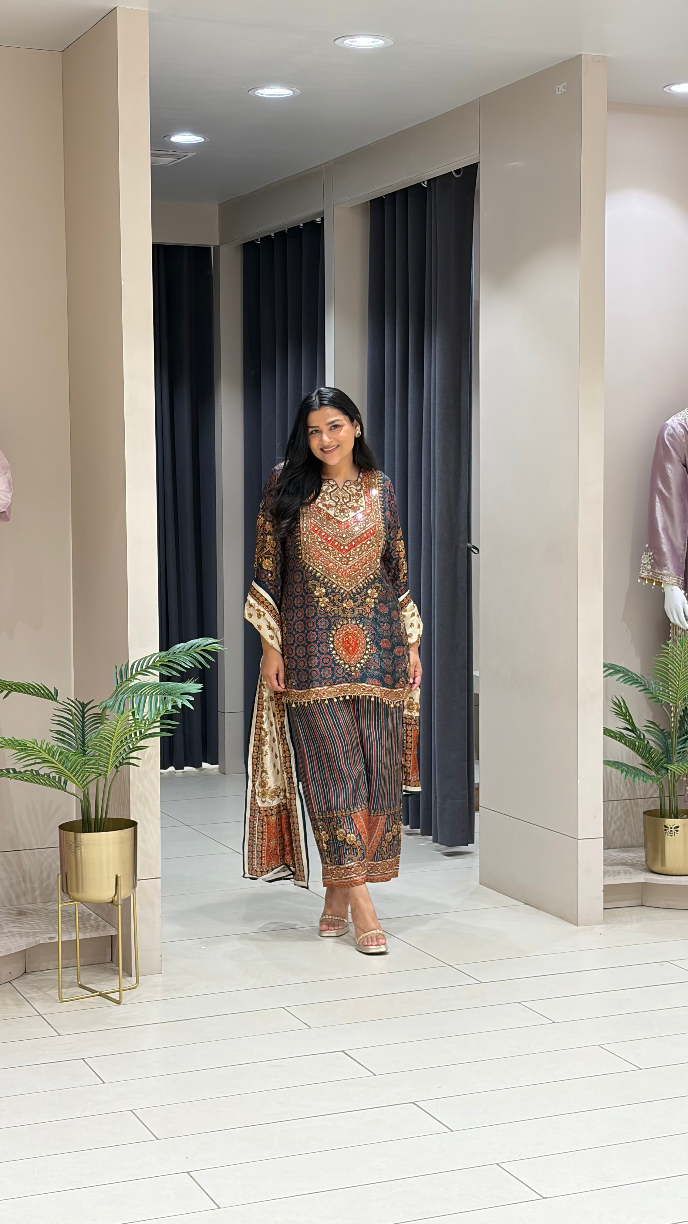 Black and Grey Ajrakh Silk Suit Set shrisa.in