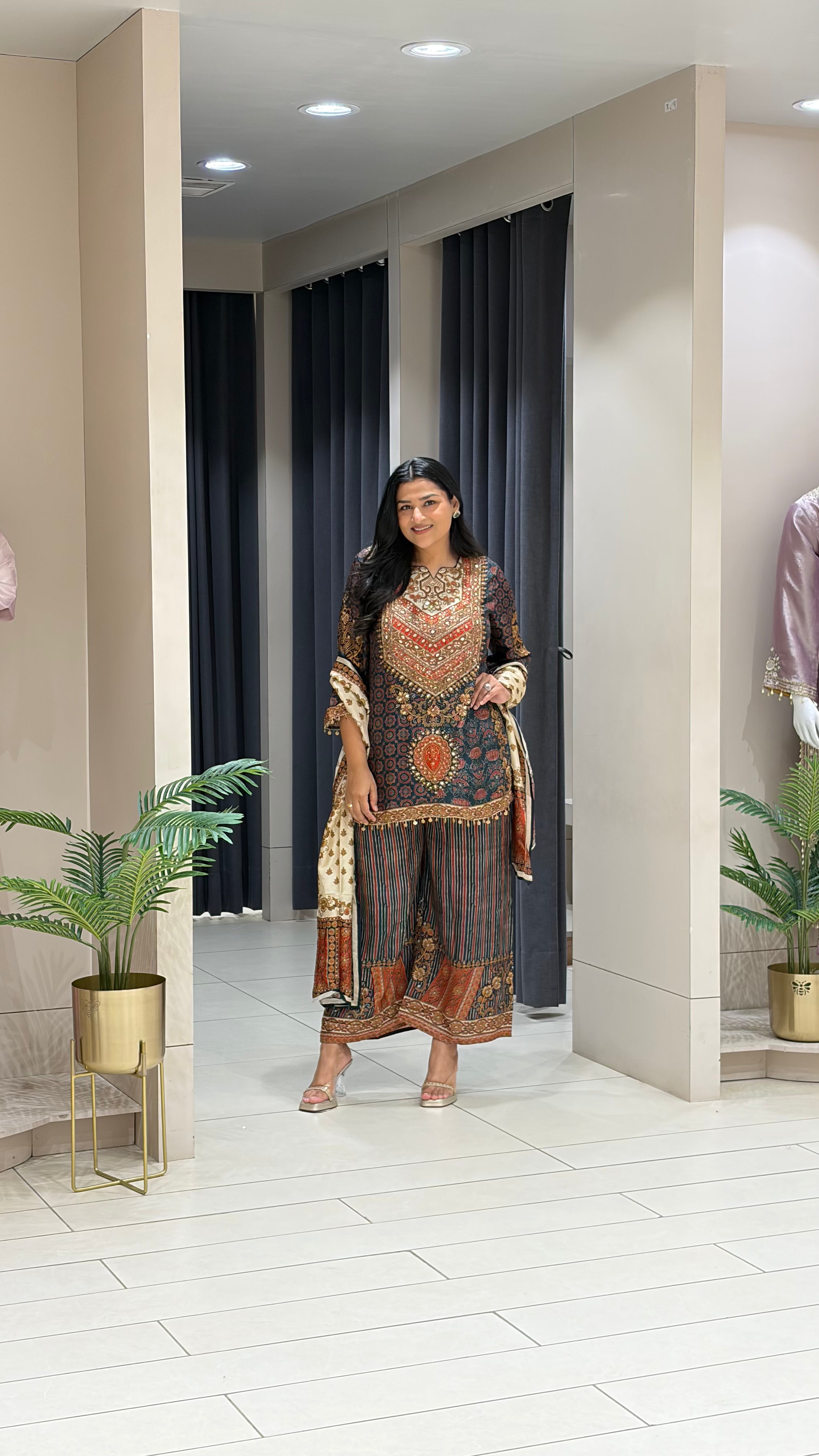 Black and Grey Ajrakh Silk Suit Set shrisa.in