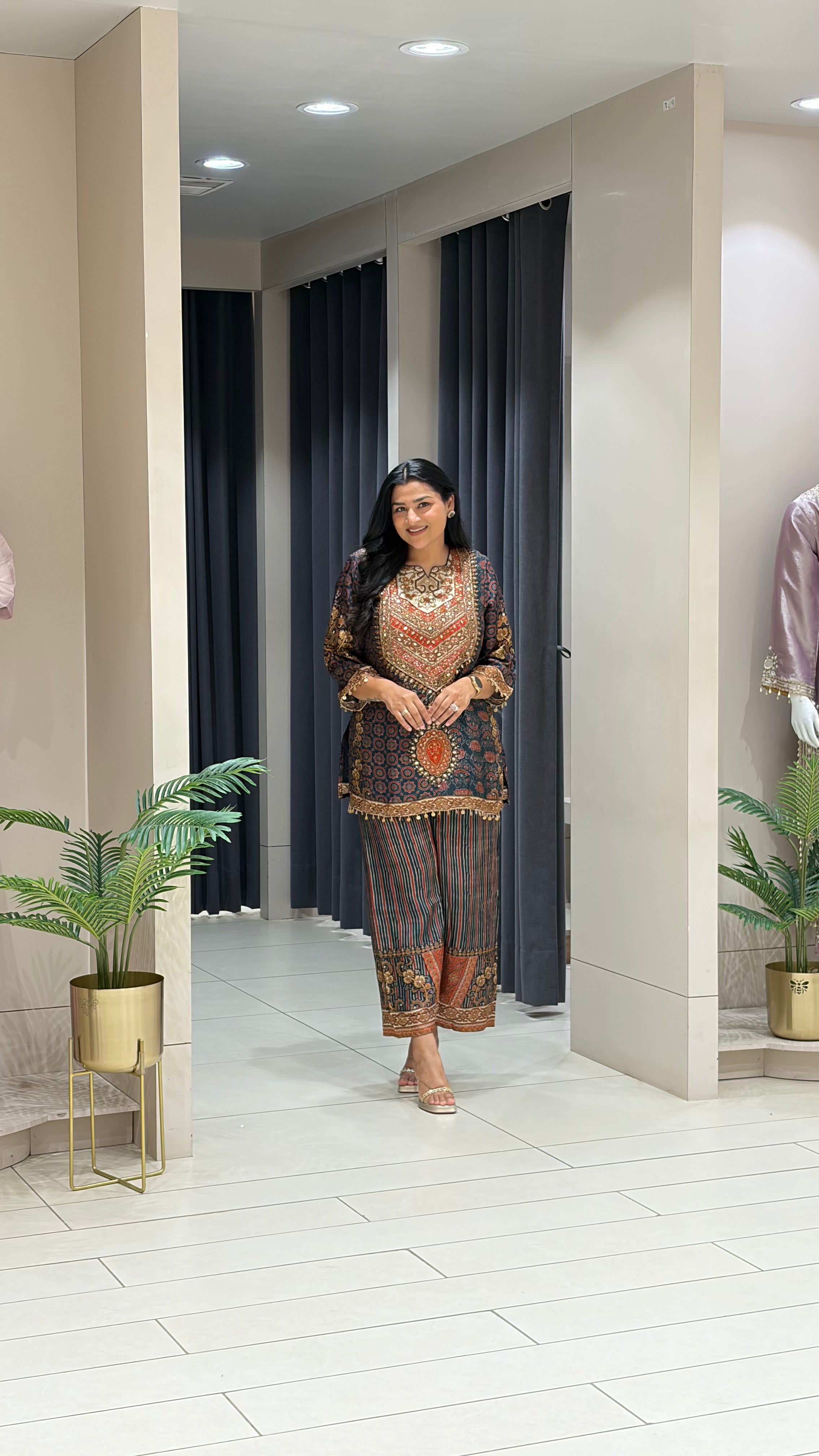 Black and Grey Ajrakh Silk Suit Set shrisa.in