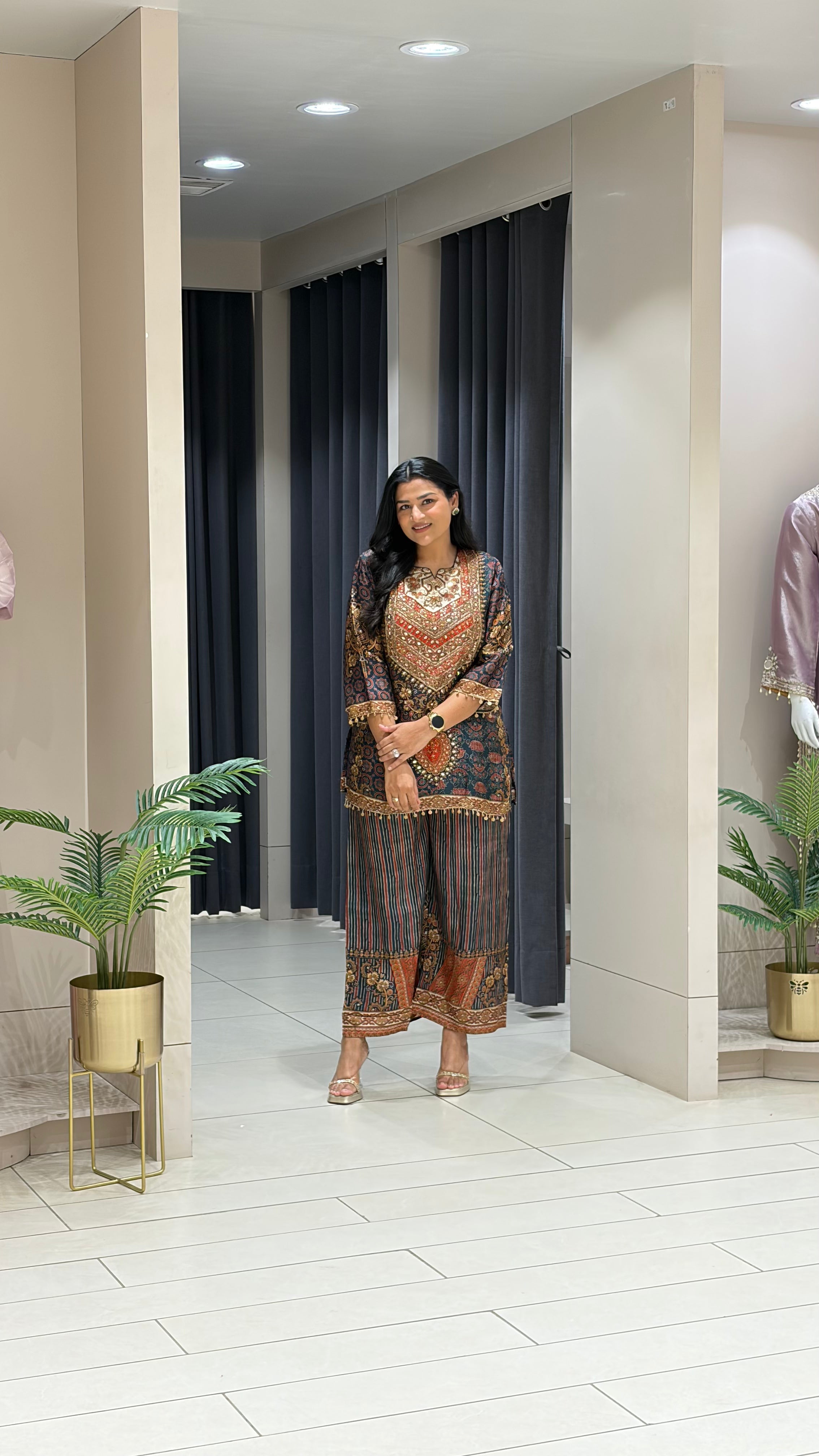 Black and Grey Ajrakh Silk Suit Set shrisa.in