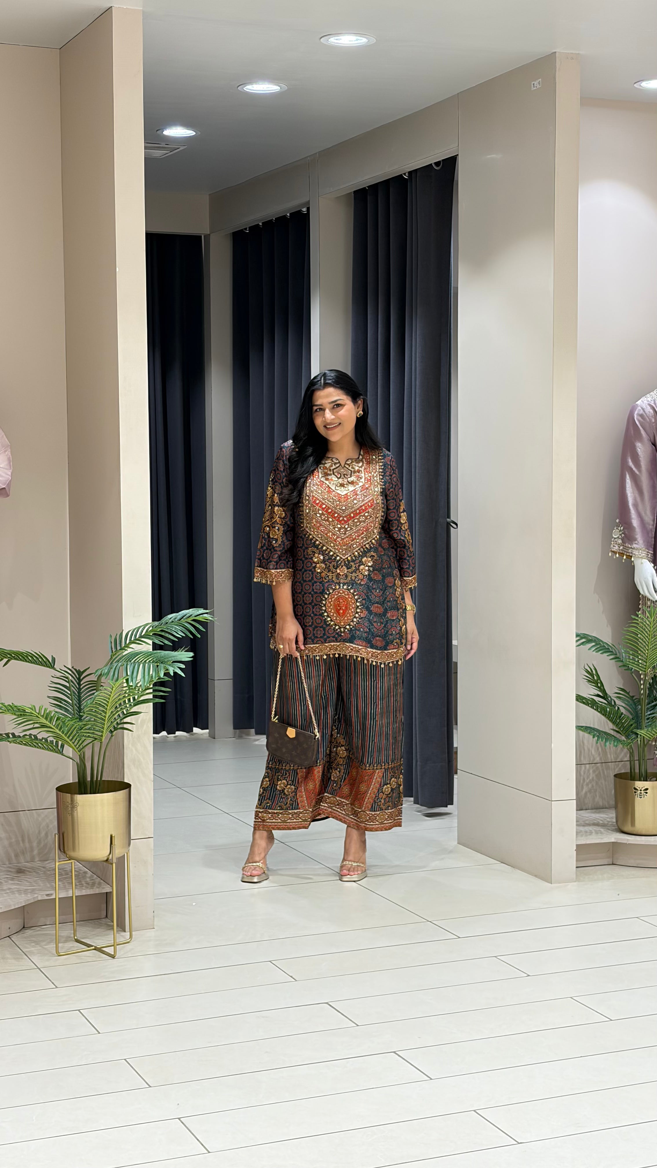 Black and Grey Ajrakh Silk Suit Set shrisa.in