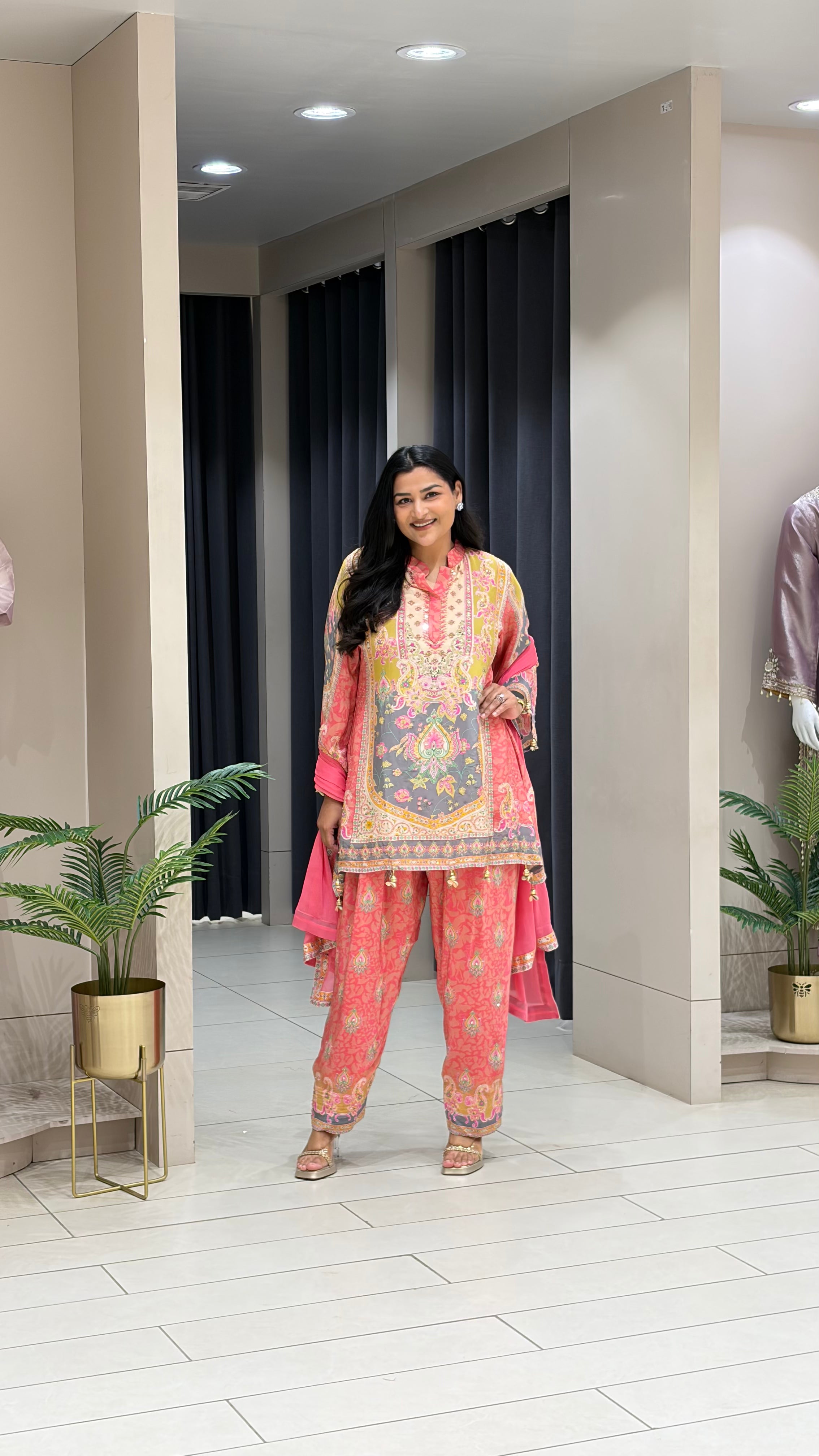 Peach and Yellow Crepe Farshi Suit Set shrisa.in