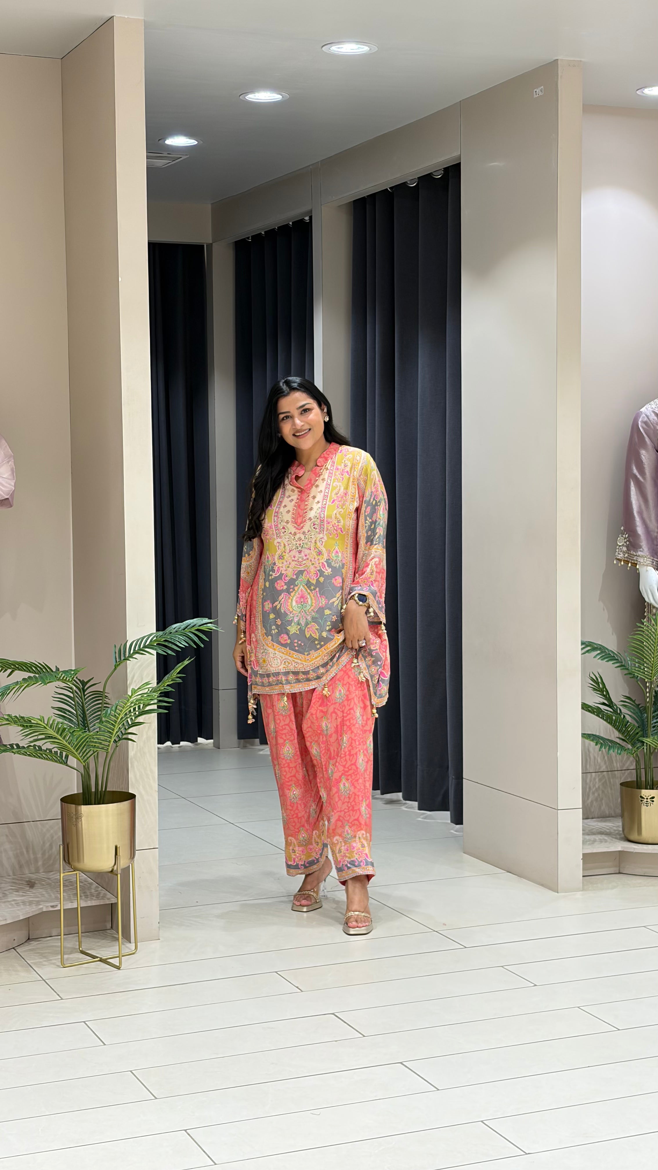 Peach and Yellow Crepe Farshi Suit Set shrisa.in