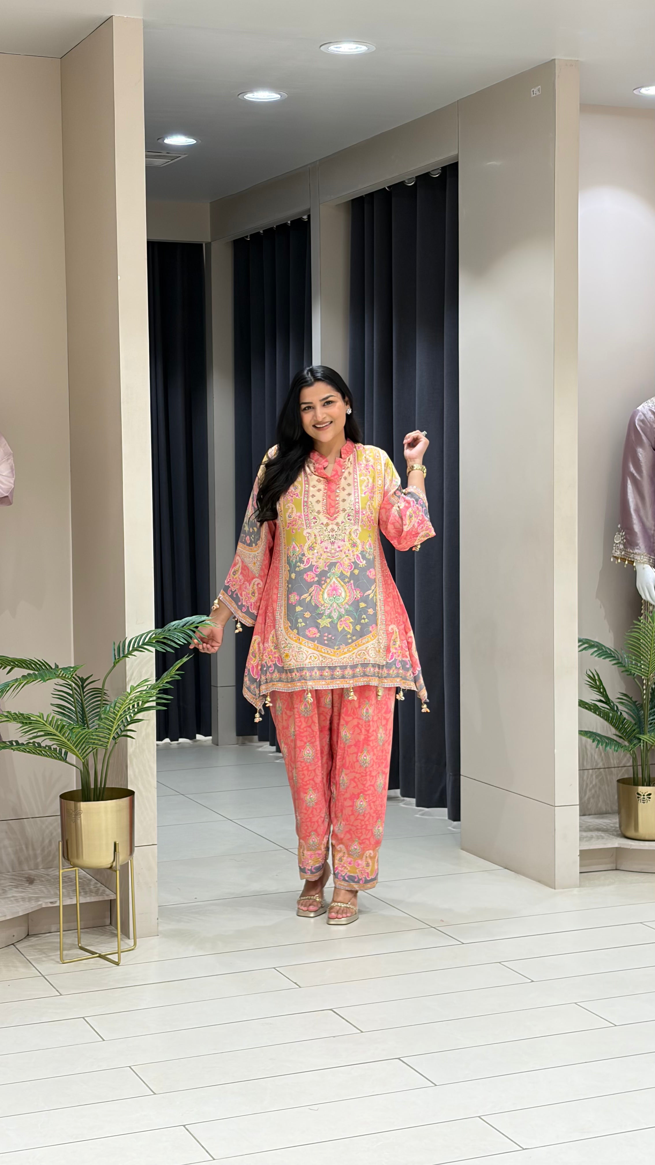 Peach and Yellow Crepe Farshi Suit Set shrisa.in