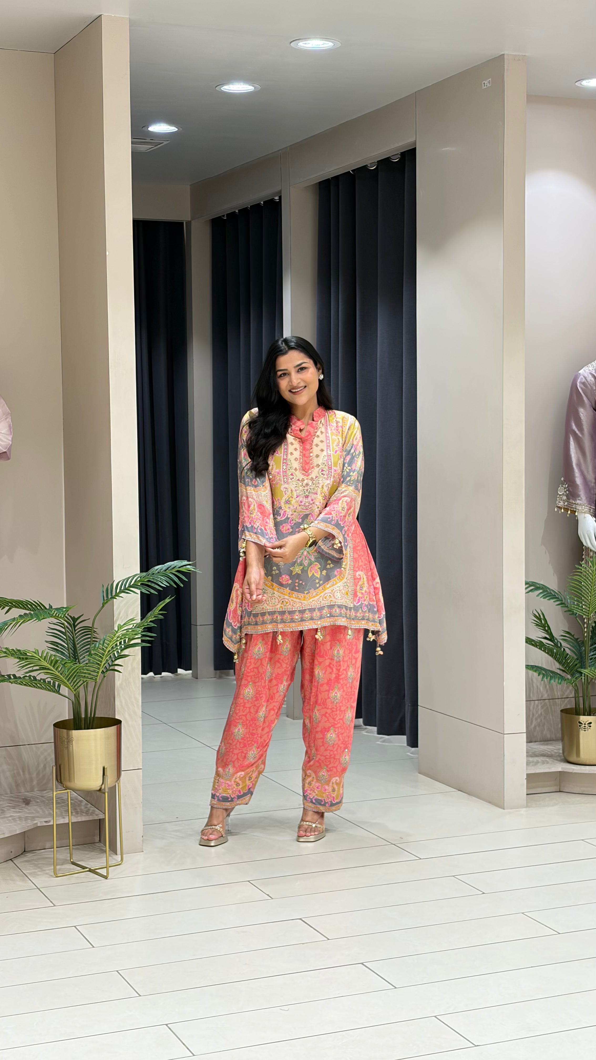 Peach and Yellow Crepe Farshi Suit Set shrisa.in