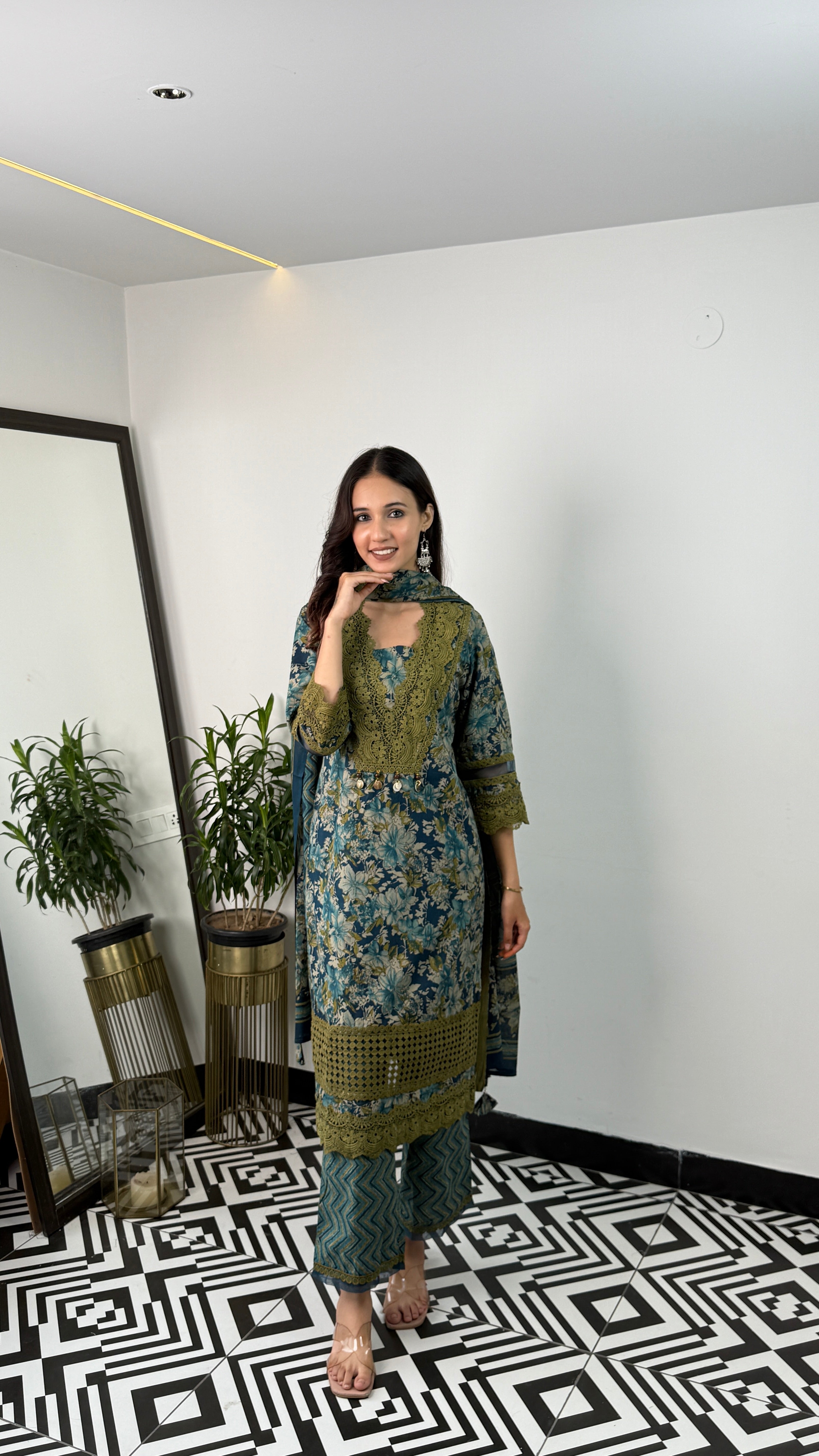 Teal & Green Lacework Suit Set